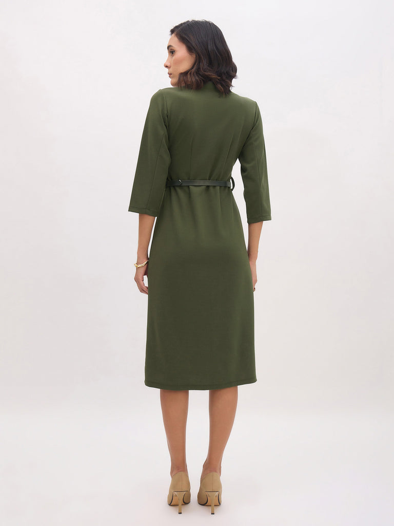 Women's Olive Sweetheart Neck Midi Dress With PU Belt
