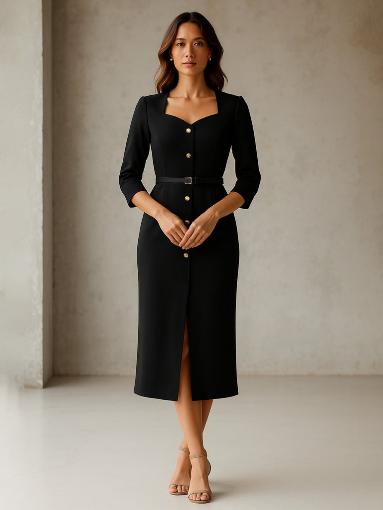 Women's Black Sweetheart Neck Midi Dress With PU Belt