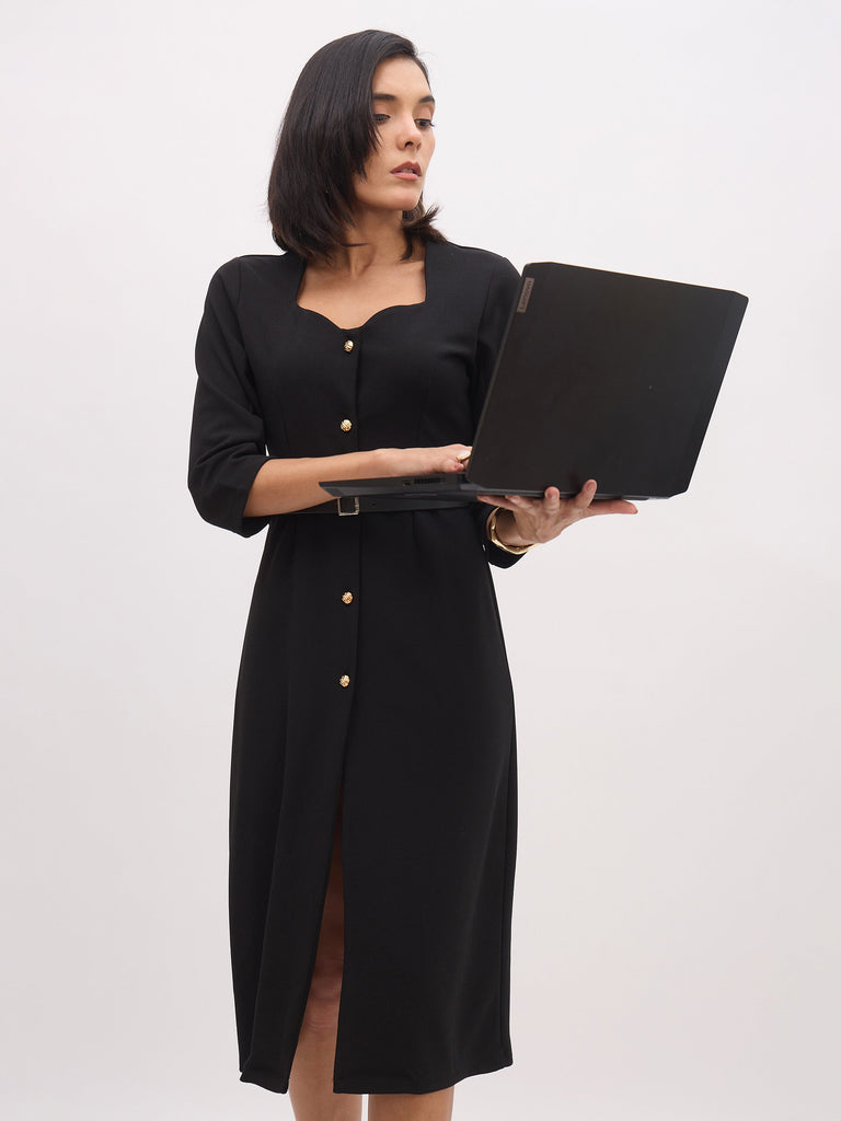 Women's Black Sweetheart Neck Midi Dress With PU Belt