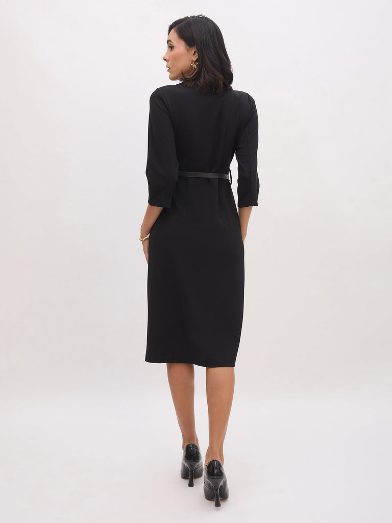 Women's Black Sweetheart Neck Midi Dress With PU Belt