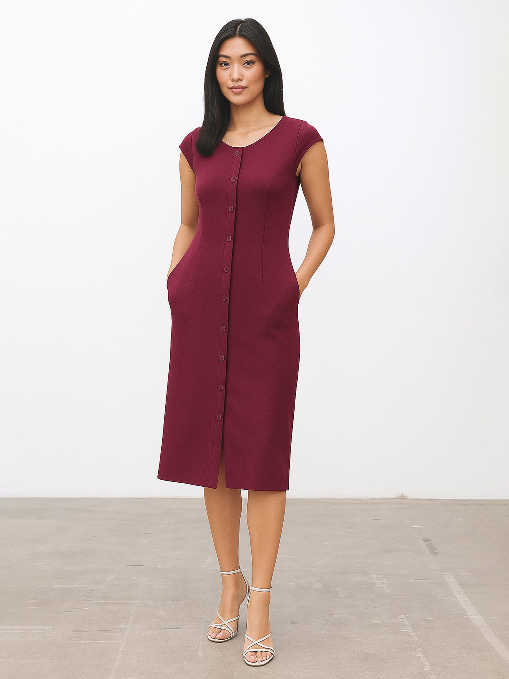 Women's Burgundy Round Neck Button Midi Dress