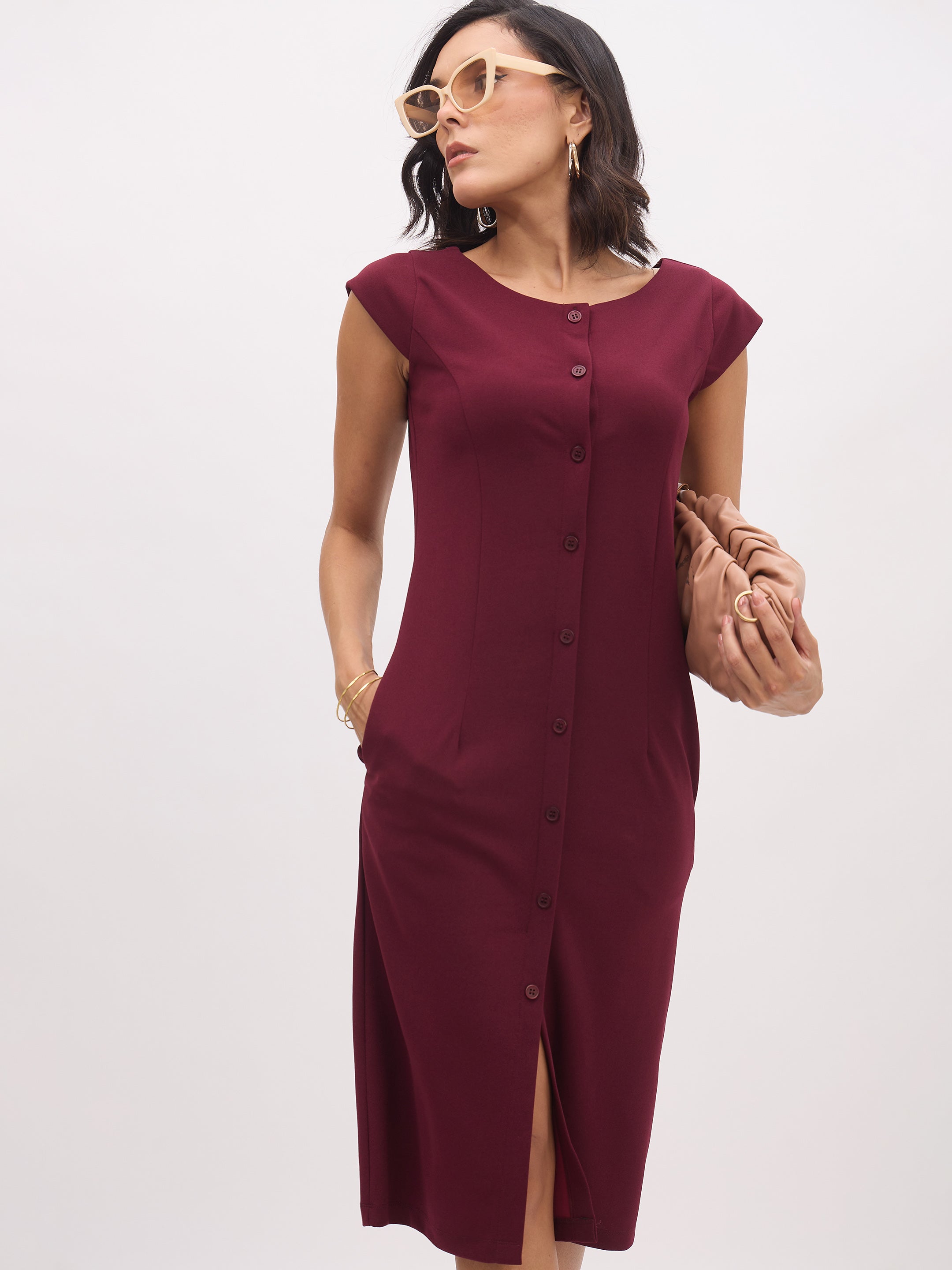 Women's Burgundy Round Neck Button Midi Dress