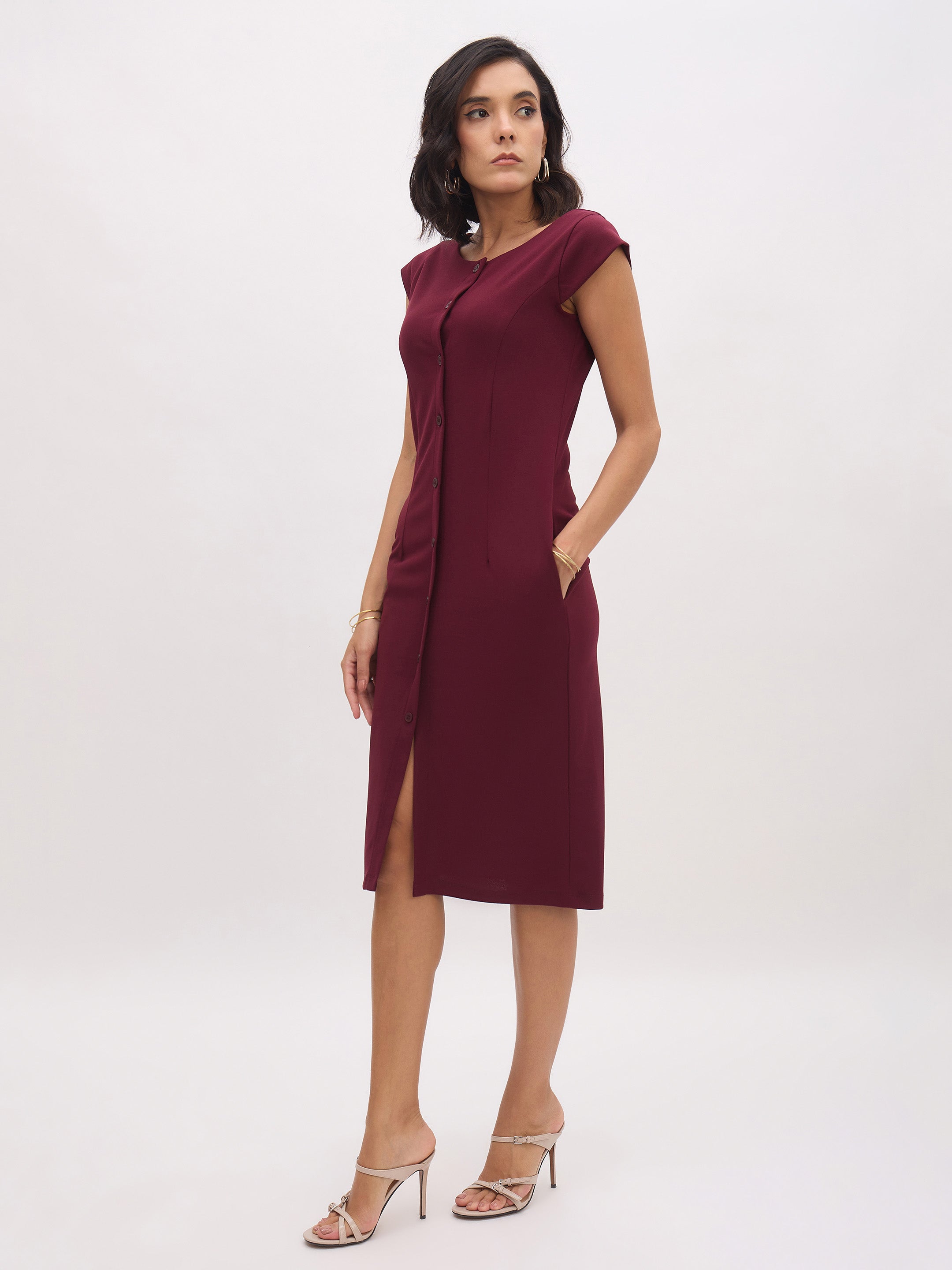 Women's Burgundy Round Neck Button Midi Dress