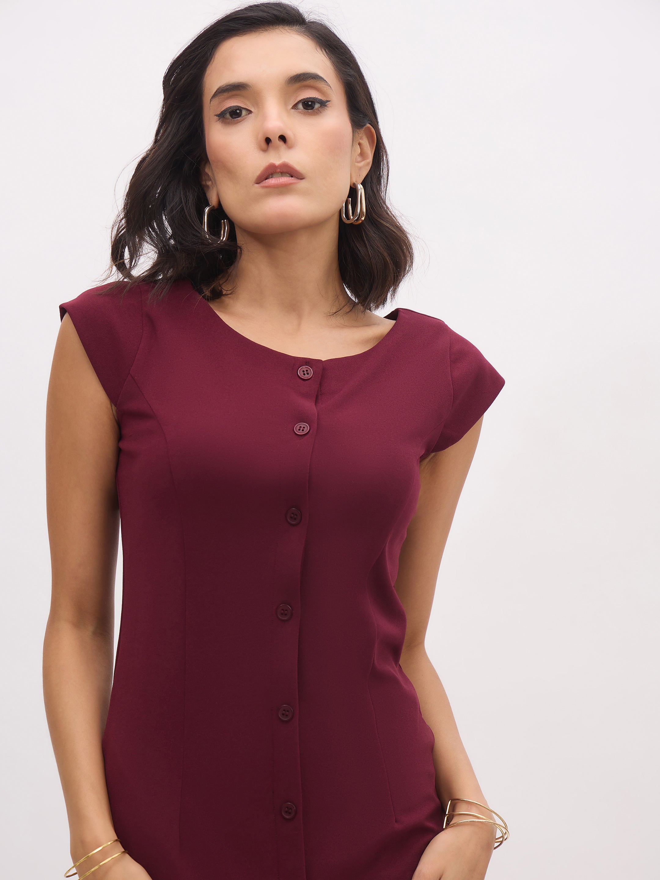 Women's Burgundy Round Neck Button Midi Dress