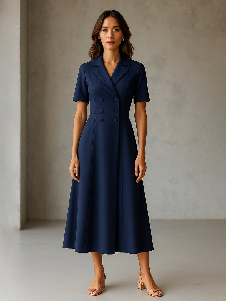 Women's Blue Notch Collar Button Midi Dress