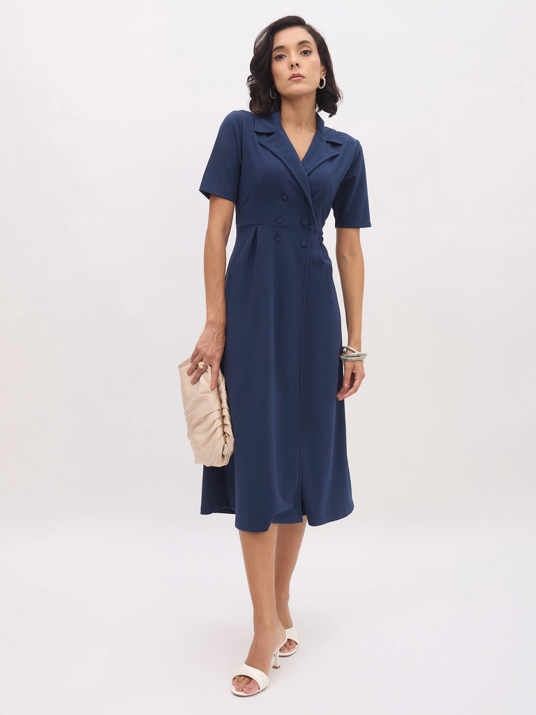 Women's Blue Notch Collar Button Midi Dress