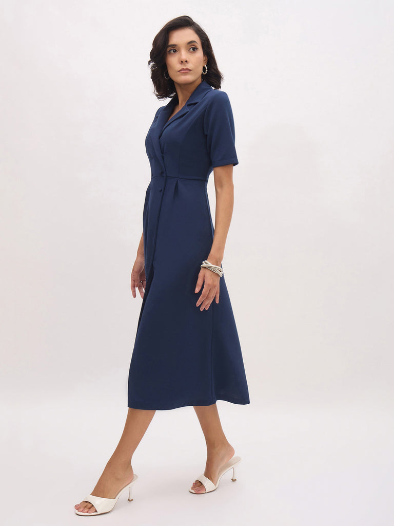 Women's Blue Notch Collar Button Midi Dress