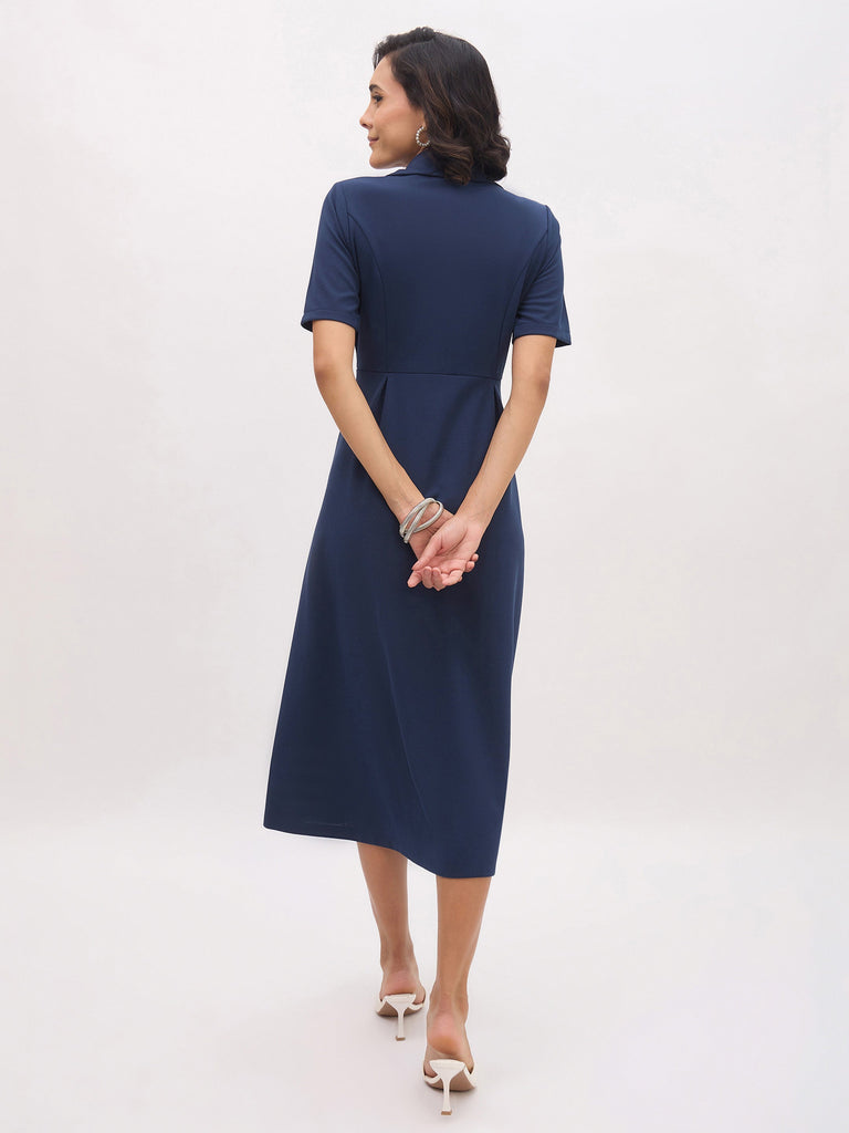 Women's Blue Notch Collar Button Midi Dress