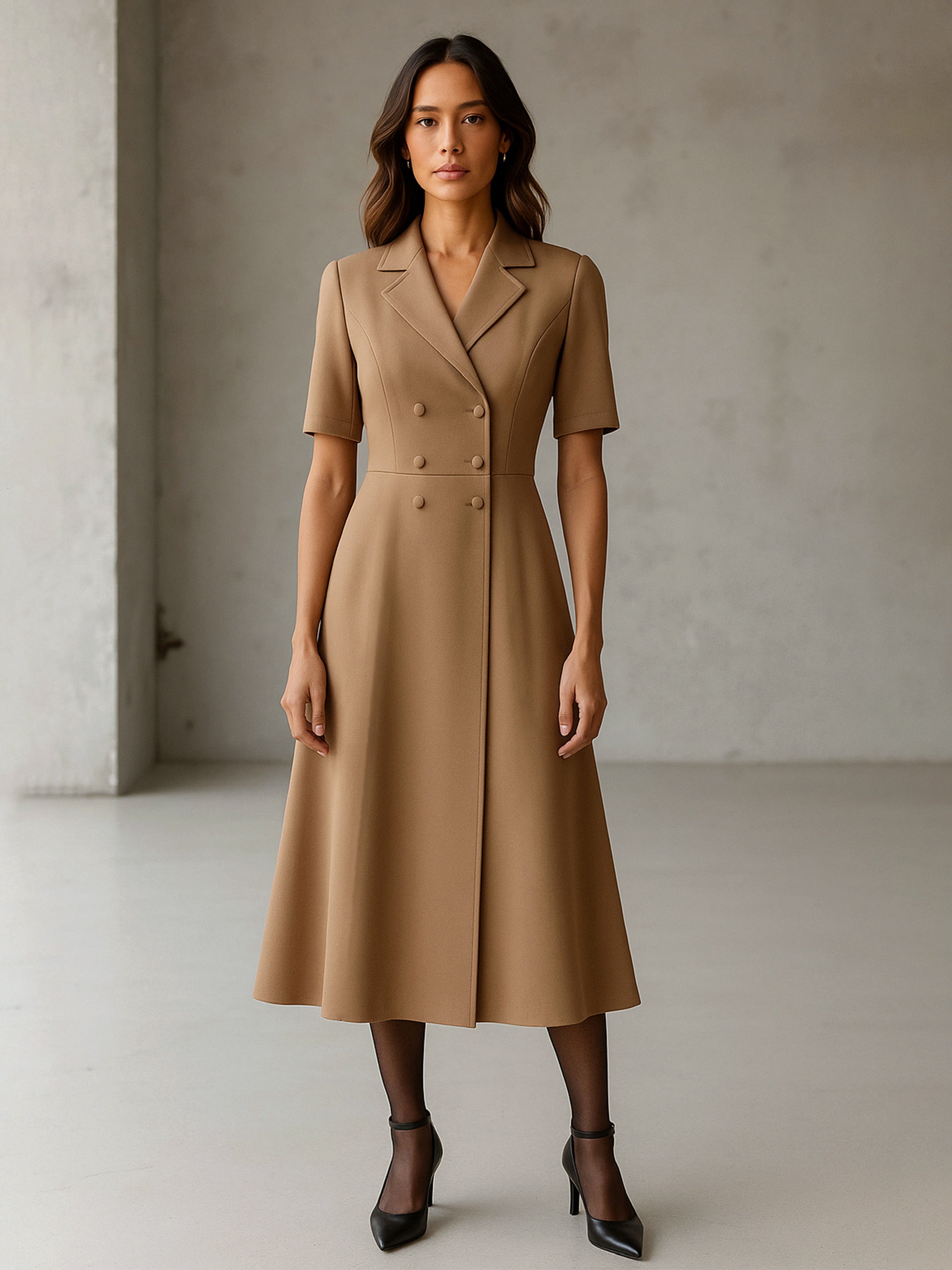 Women's Beige Notch Collar Button Midi Dress
