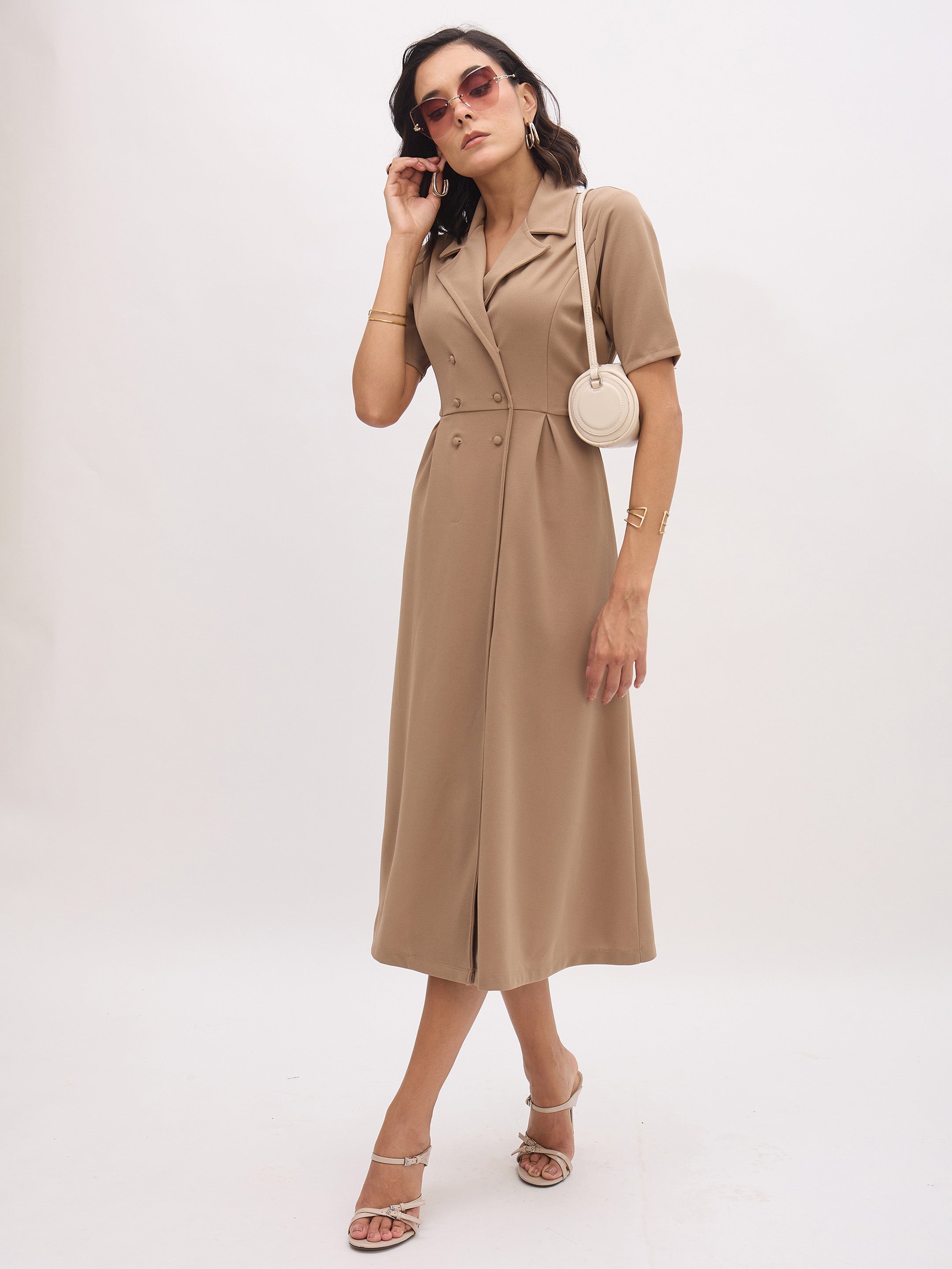 Women's Beige Notch Collar Button Midi Dress