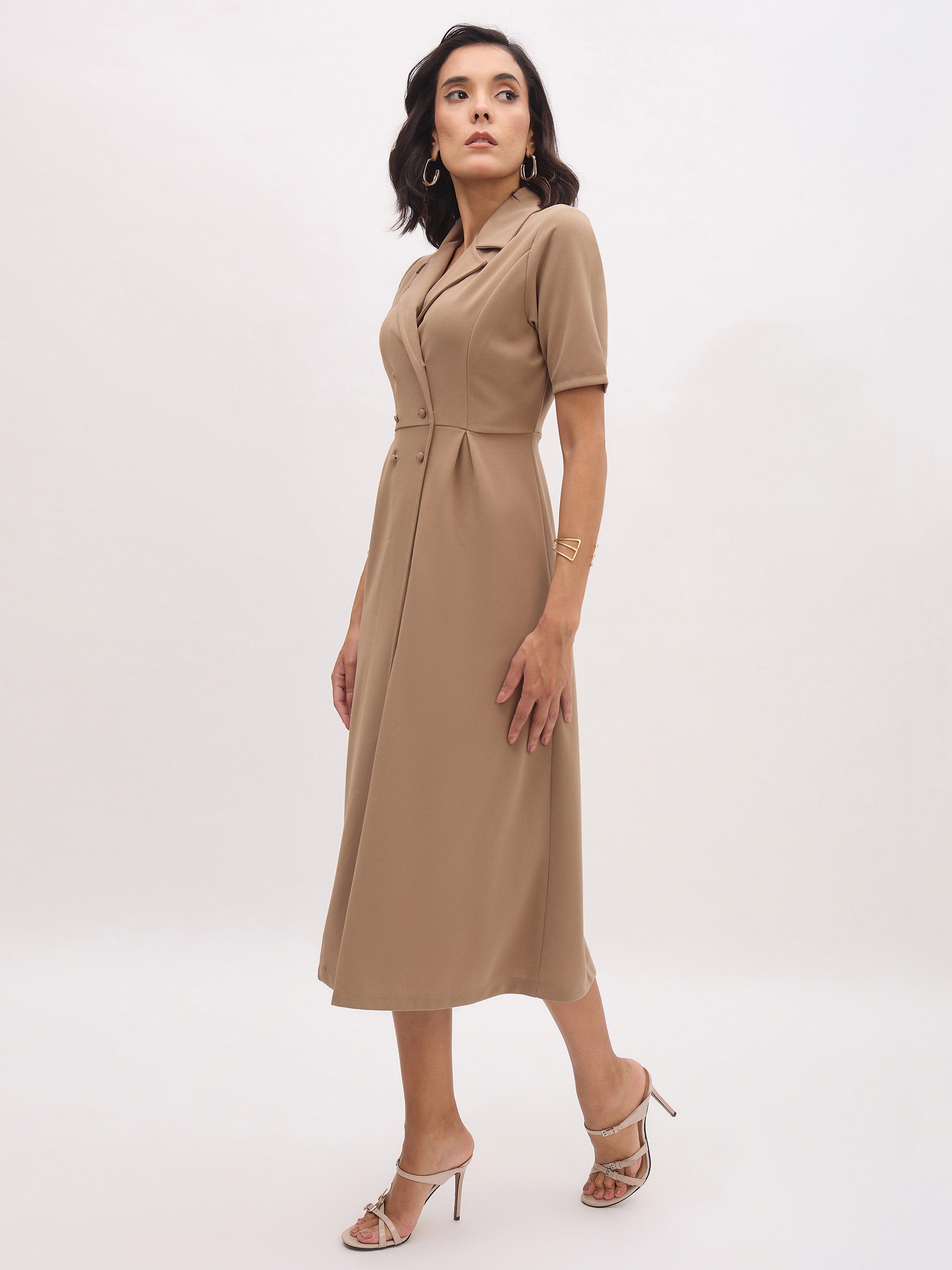 Women's Beige Notch Collar Button Midi Dress