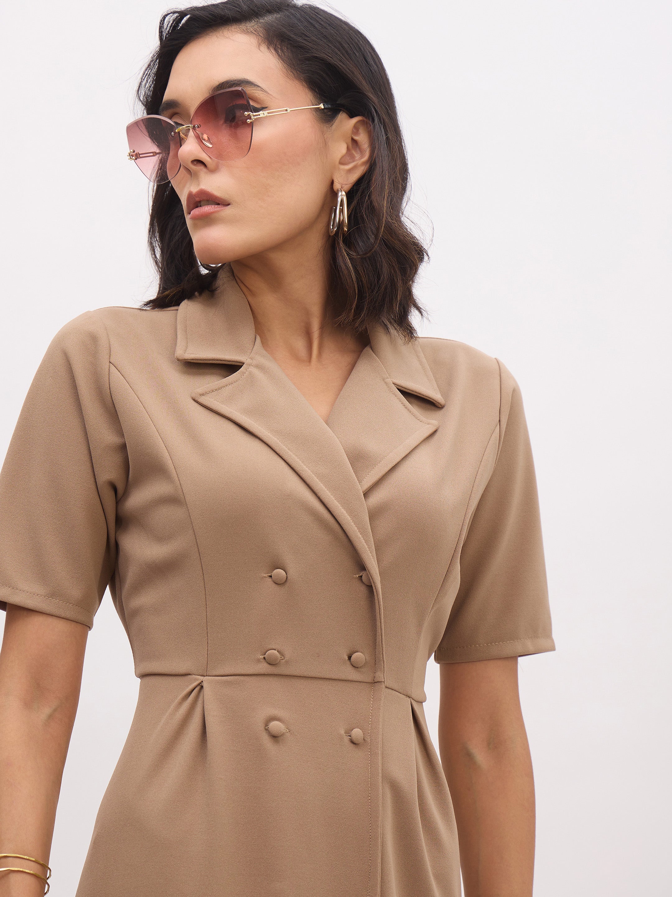 Women's Beige Notch Collar Button Midi Dress
