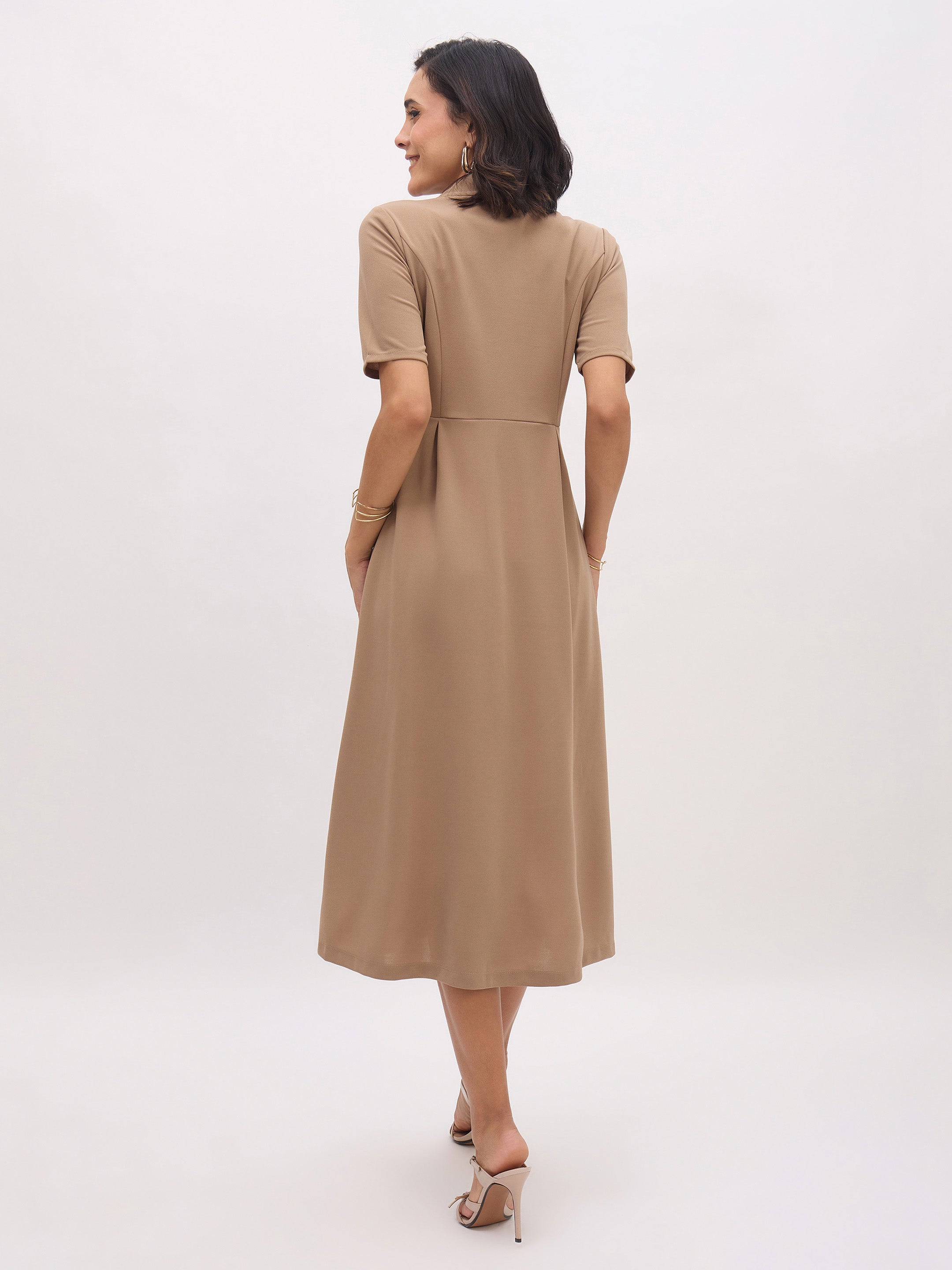 Women's Beige Notch Collar Button Midi Dress