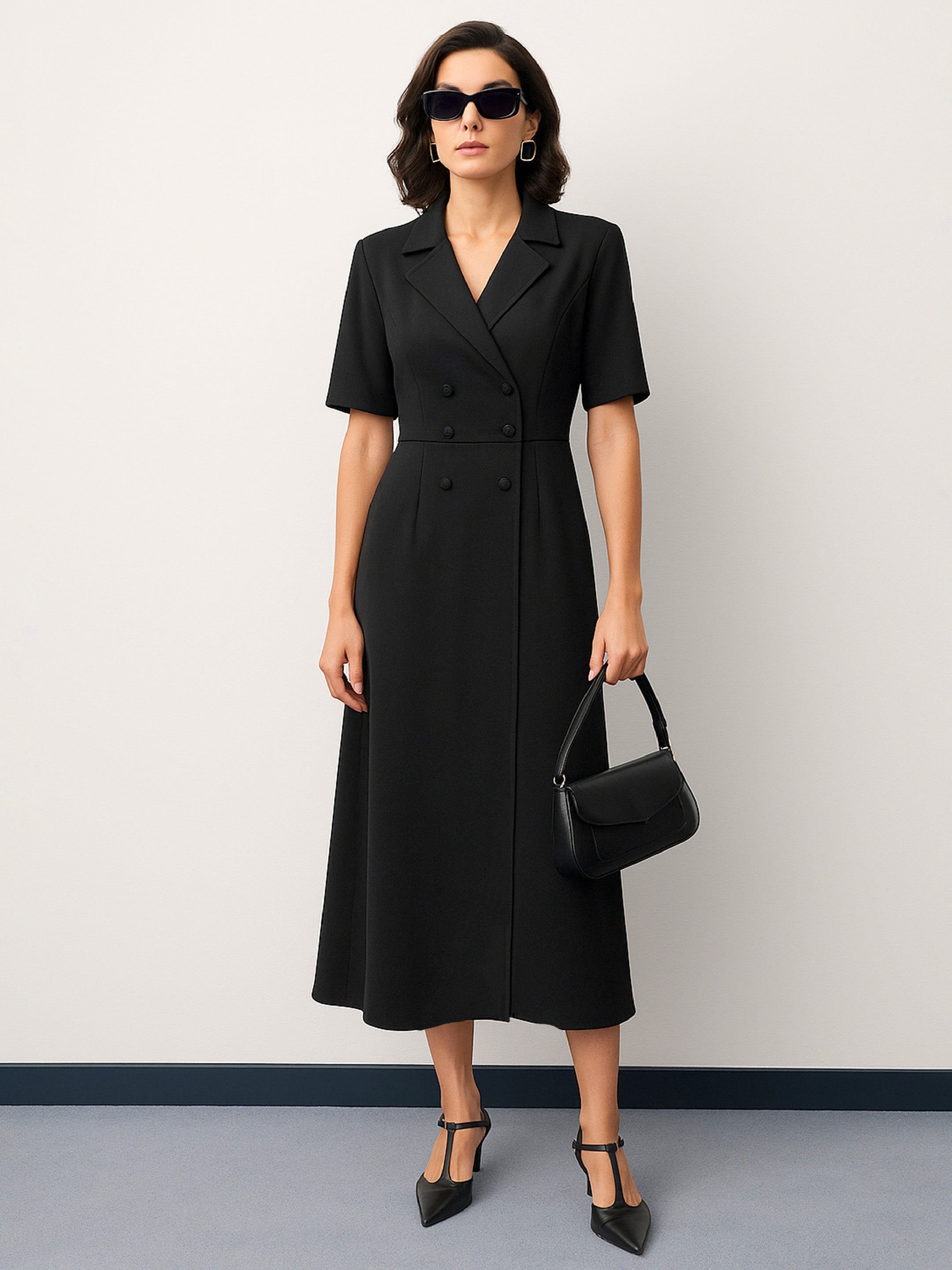 Women's Black Notch Collar Button Midi Dress