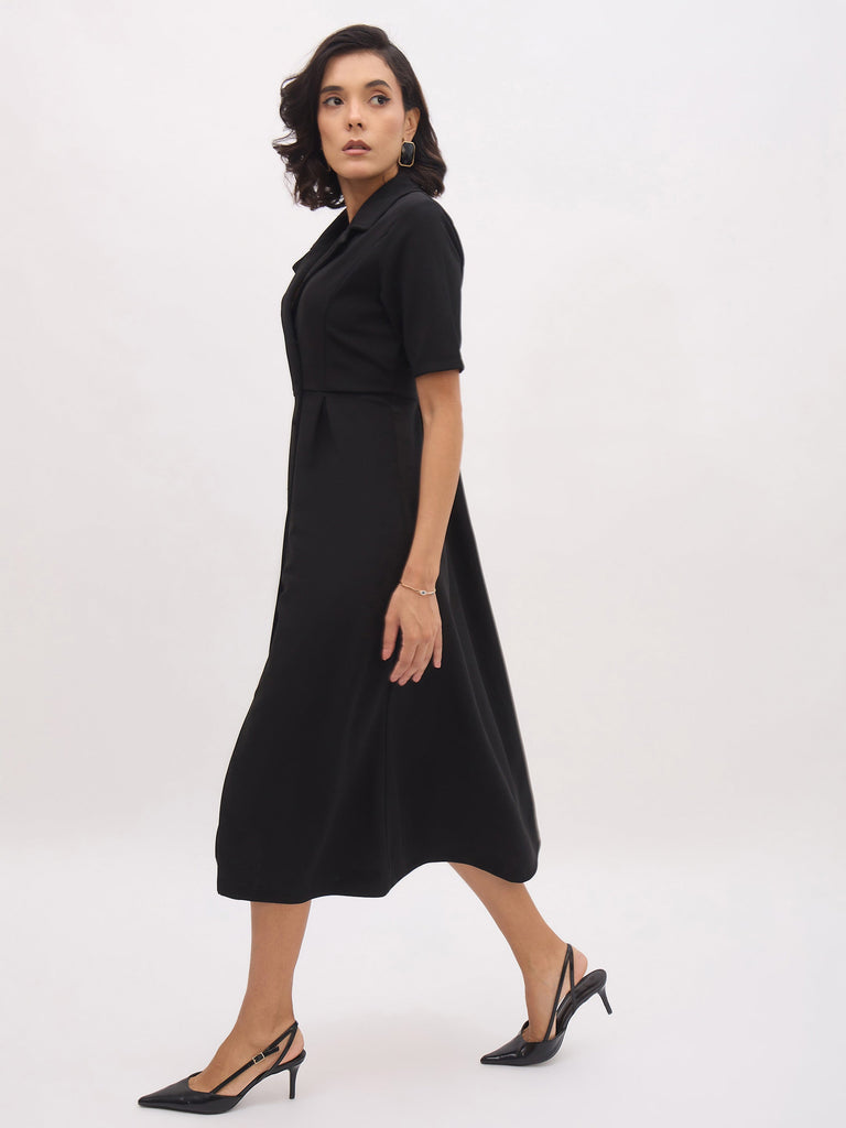 Women's Black Notch Collar Button Midi Dress