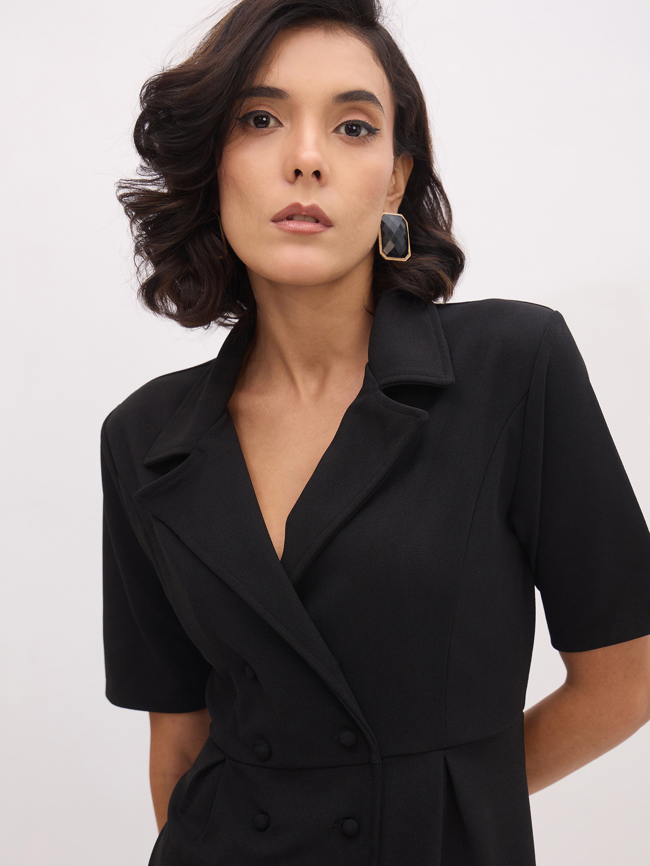 Women's Black Notch Collar Button Midi Dress