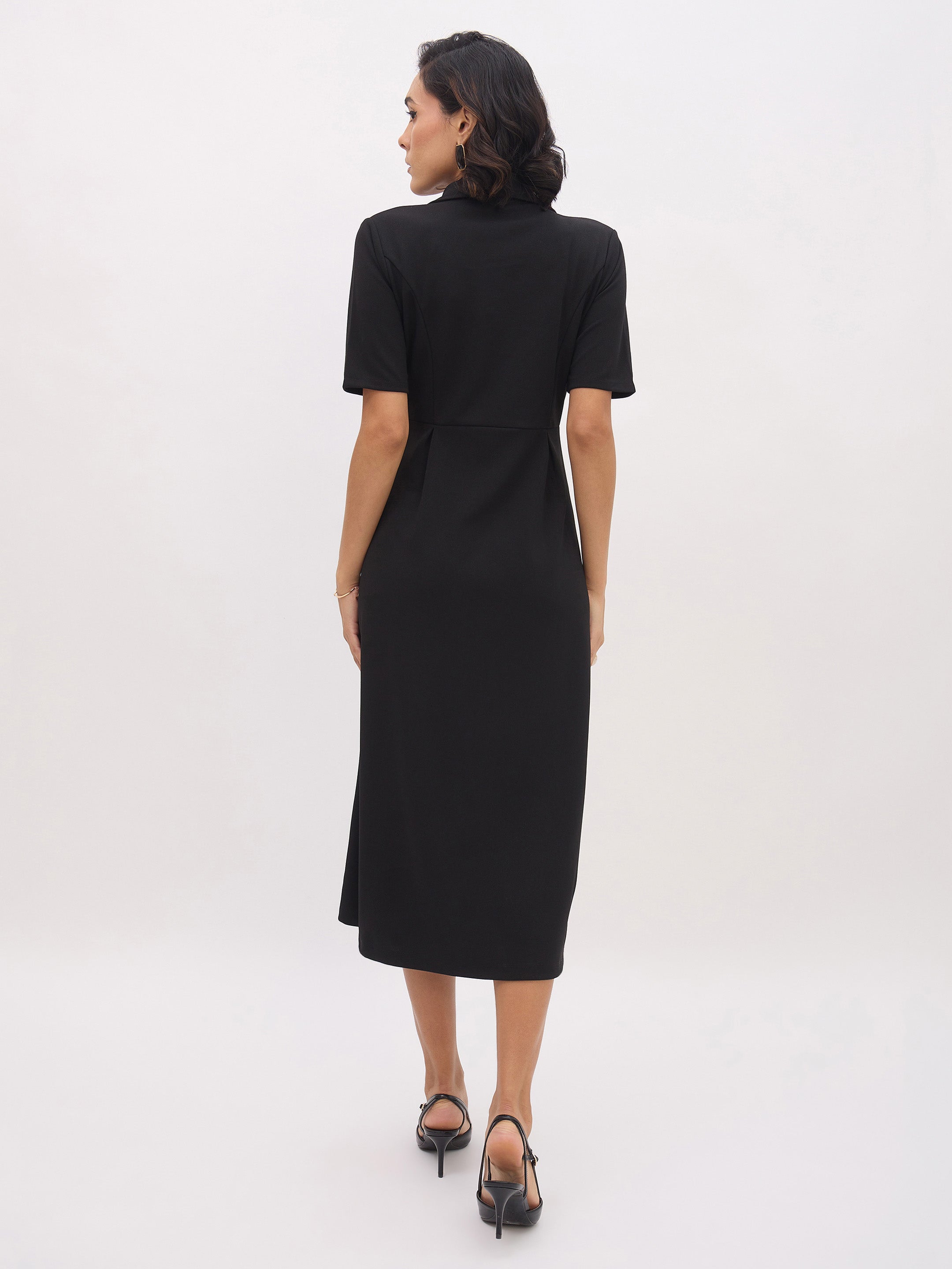 Women's Black Notch Collar Button Midi Dress