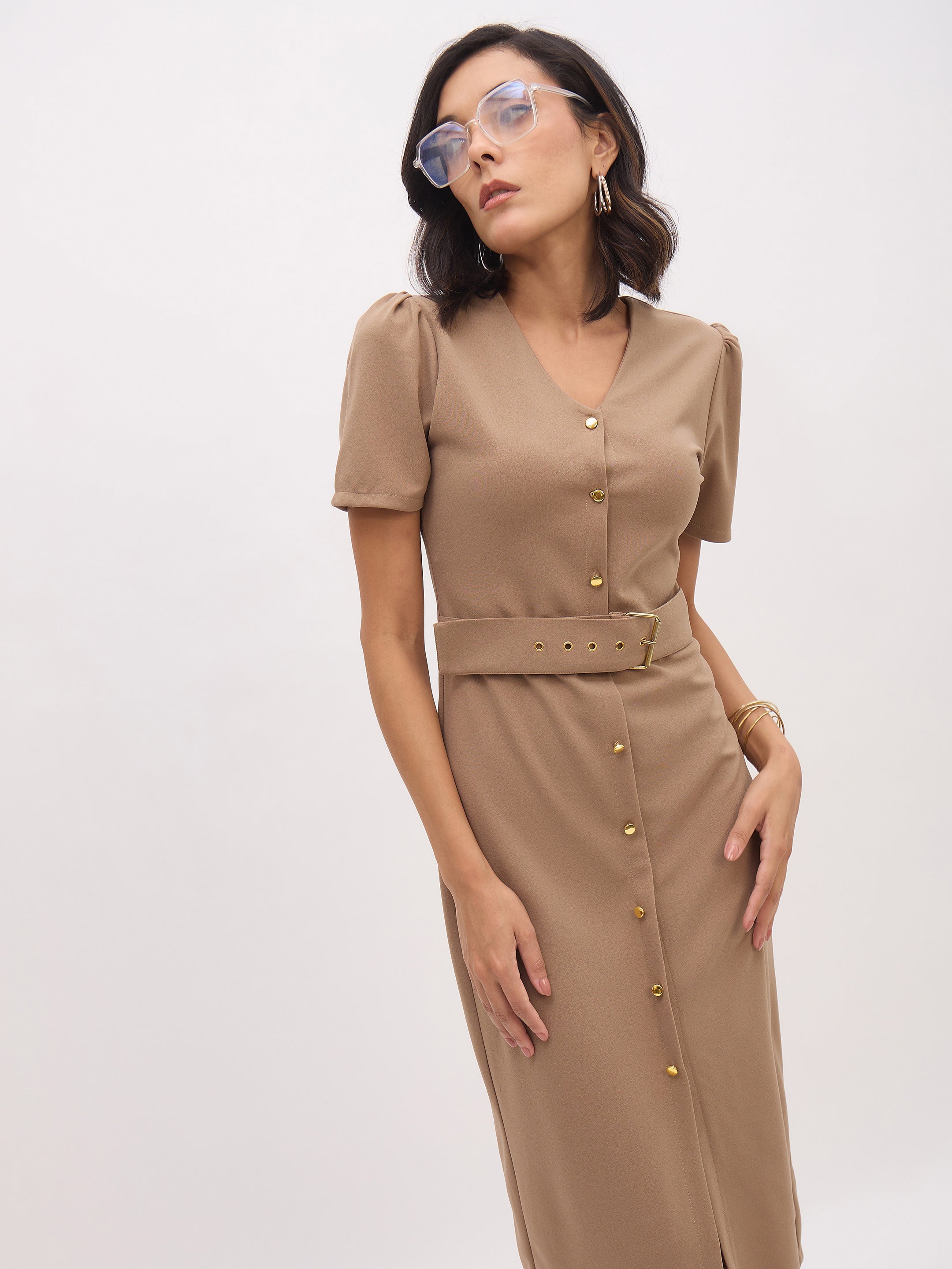 Women's Beige V Neck Button Belt Midi dress
