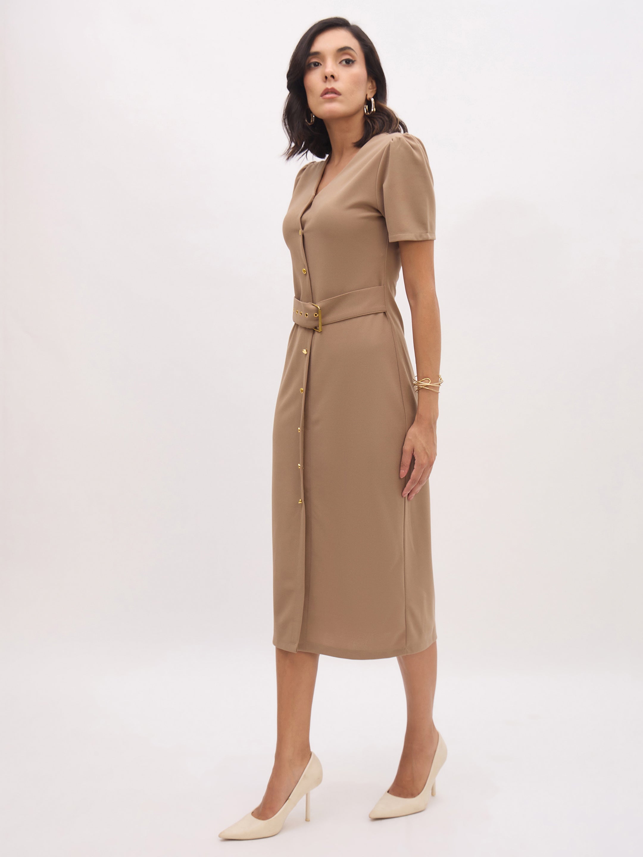 Women's Beige V Neck Button Belt Midi dress