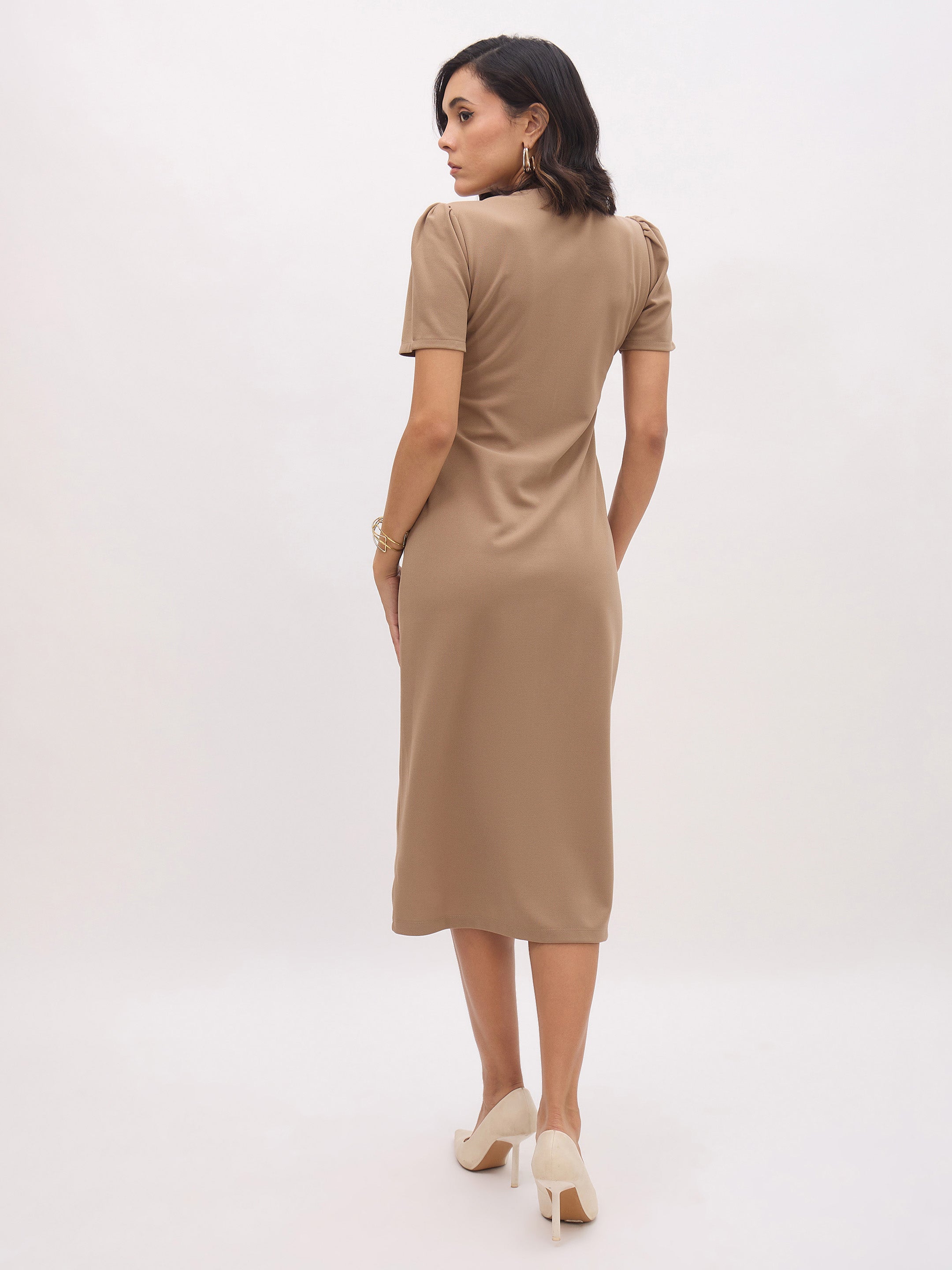 Women's Beige V Neck Button Belt Midi dress