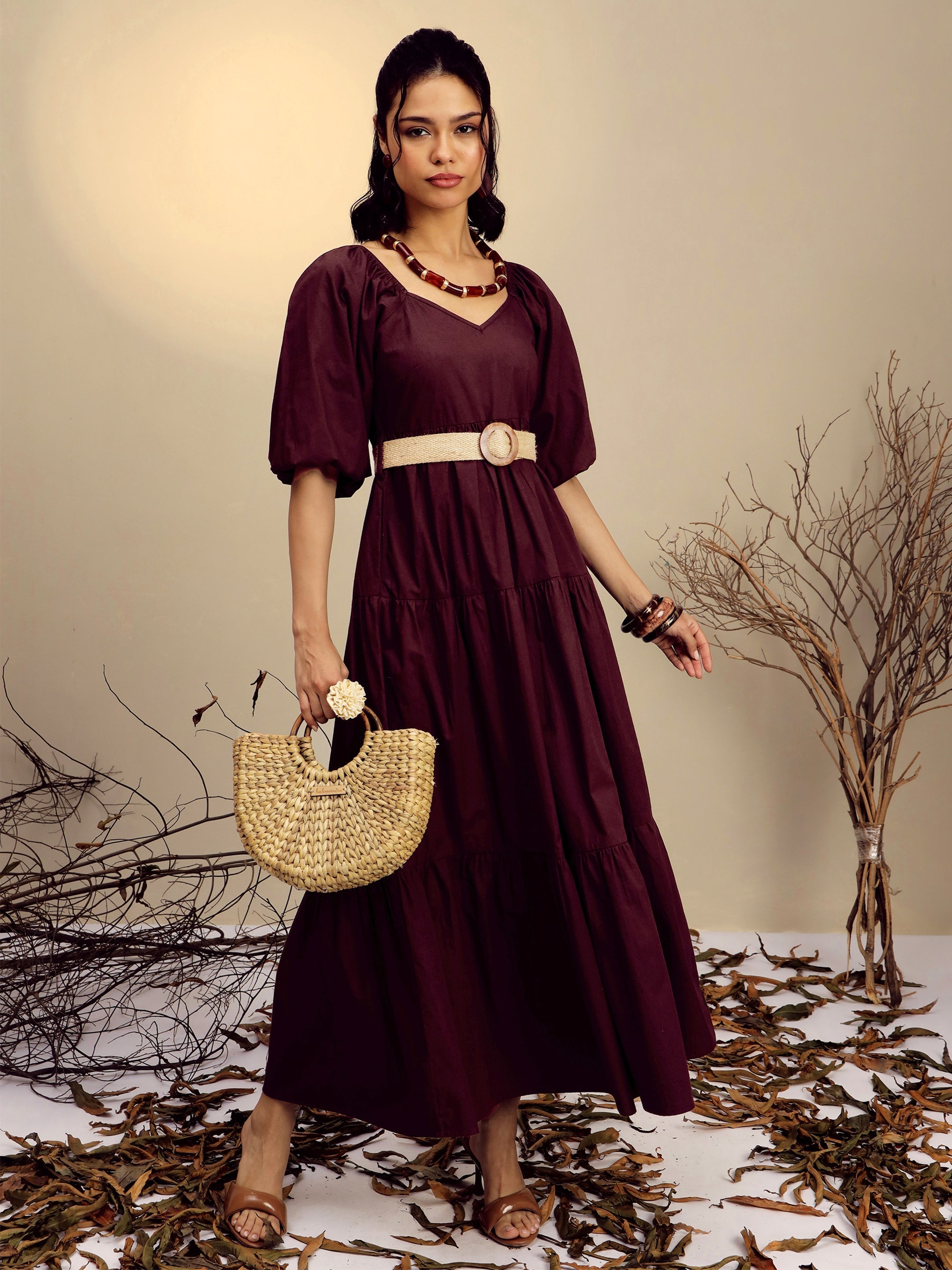 Women's Brown Poplin Tiered Maxi Dress