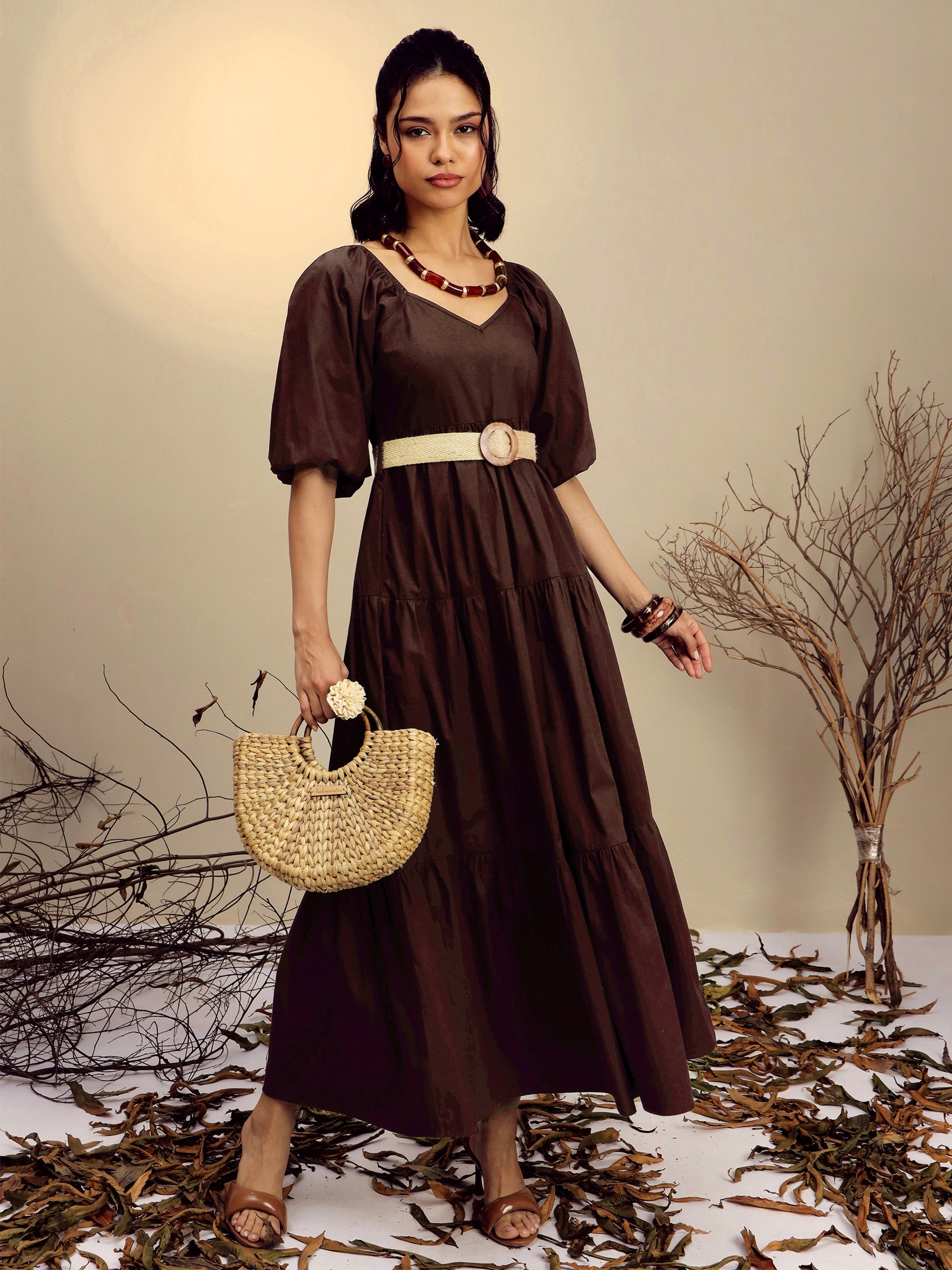 Women's Brown Poplin Tiered Maxi Dress