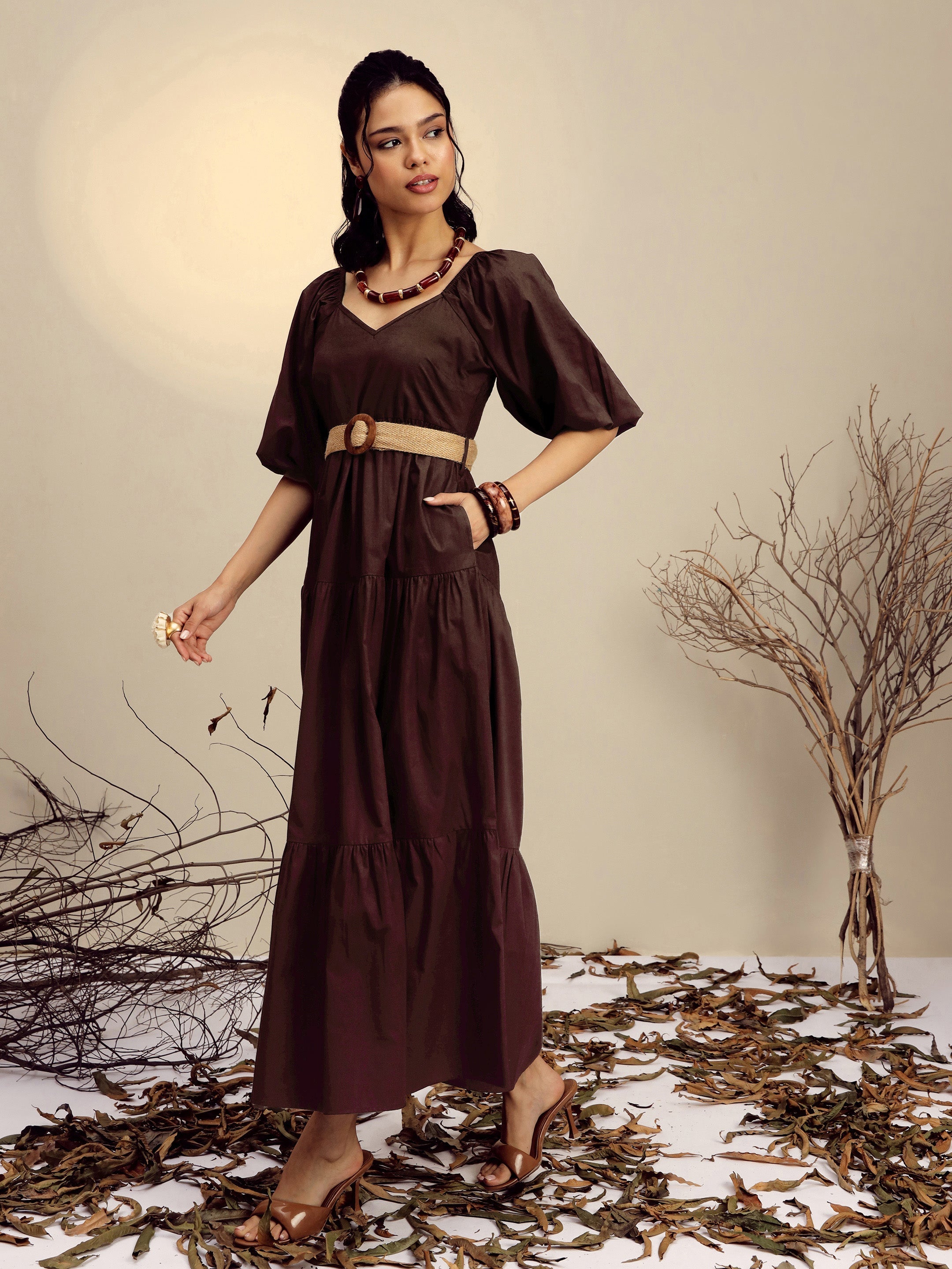 Women's Brown Poplin Tiered Maxi Dress