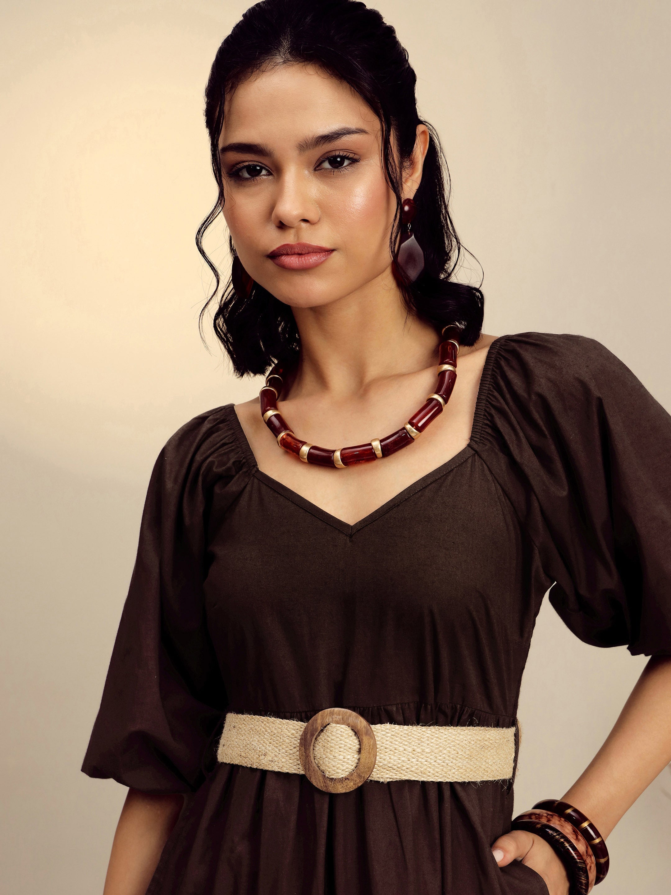 Women's Brown Poplin Tiered Maxi Dress