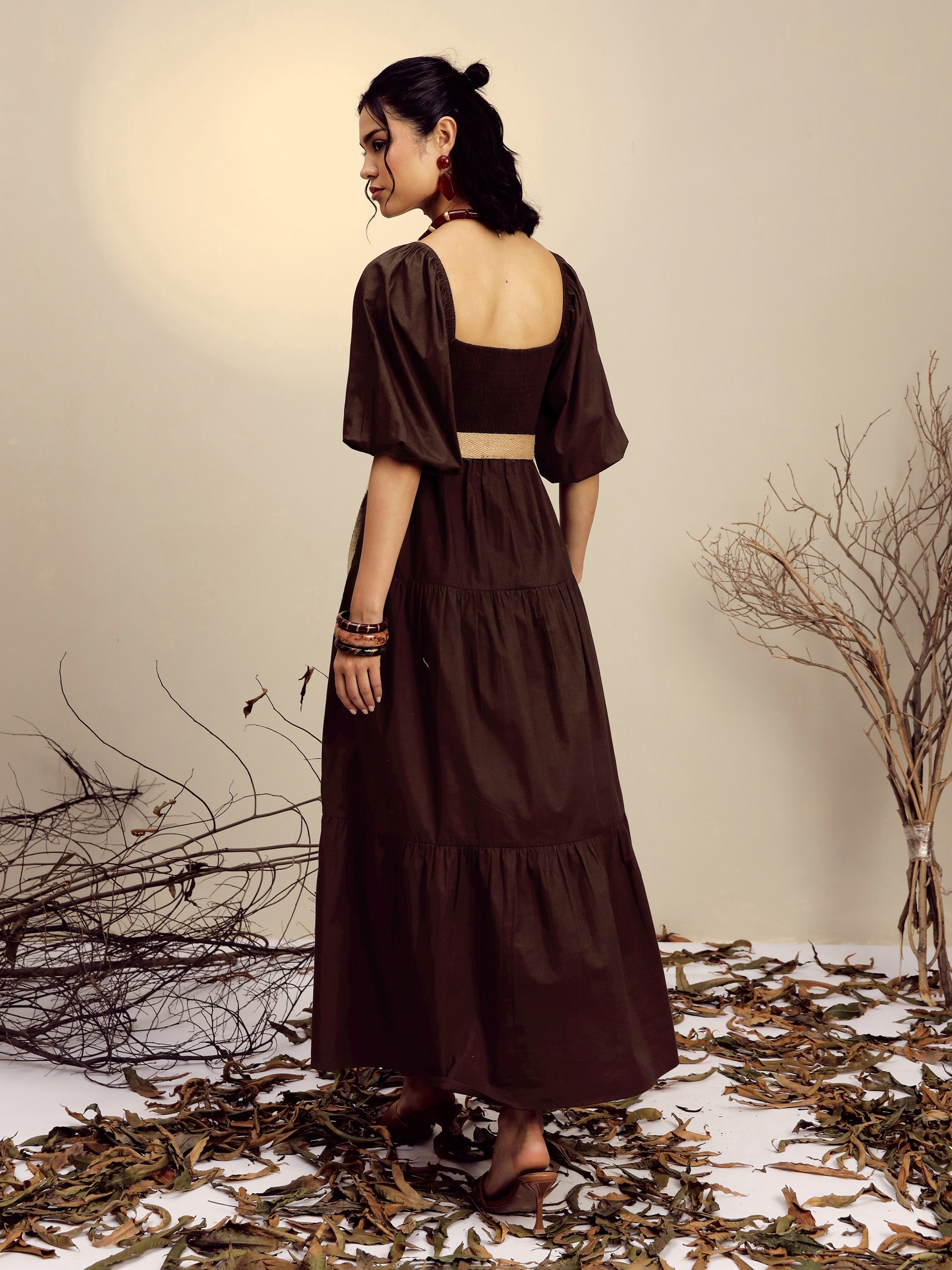 Women's Brown Poplin Tiered Maxi Dress