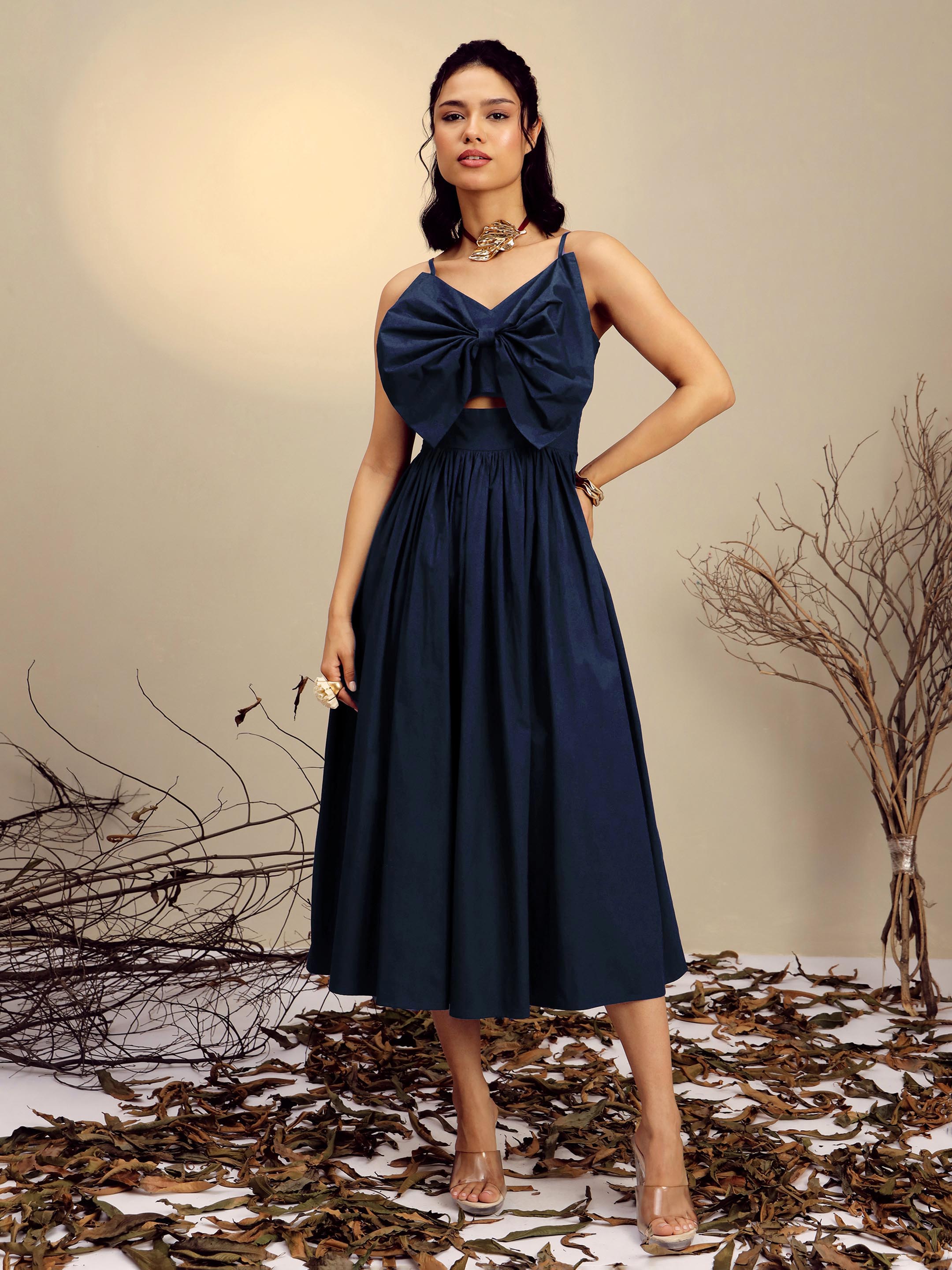 Women's Navy Poplin Front Bow Strappy Midi Dress
