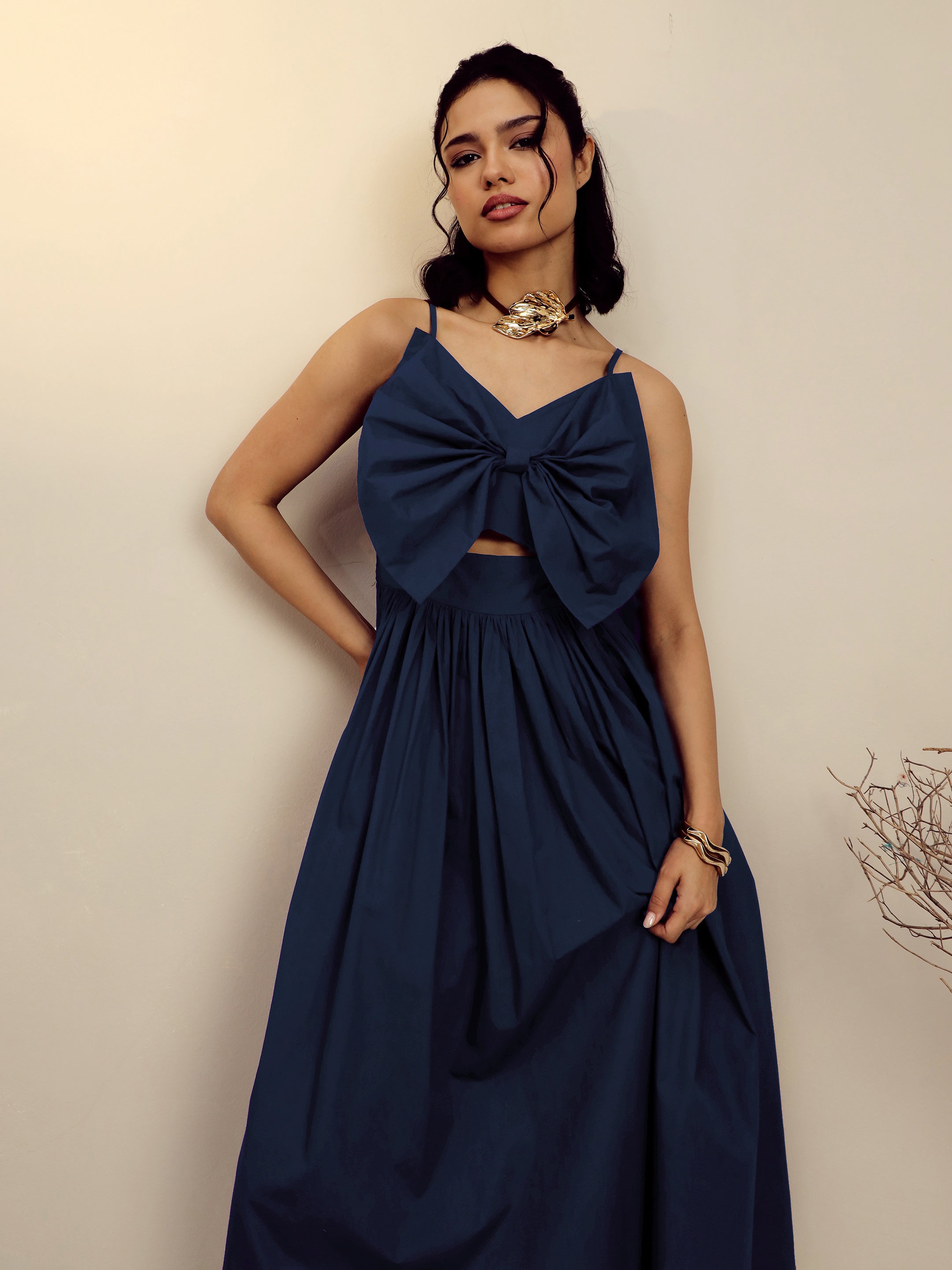 Women's Navy Poplin Front Bow Strappy Midi Dress