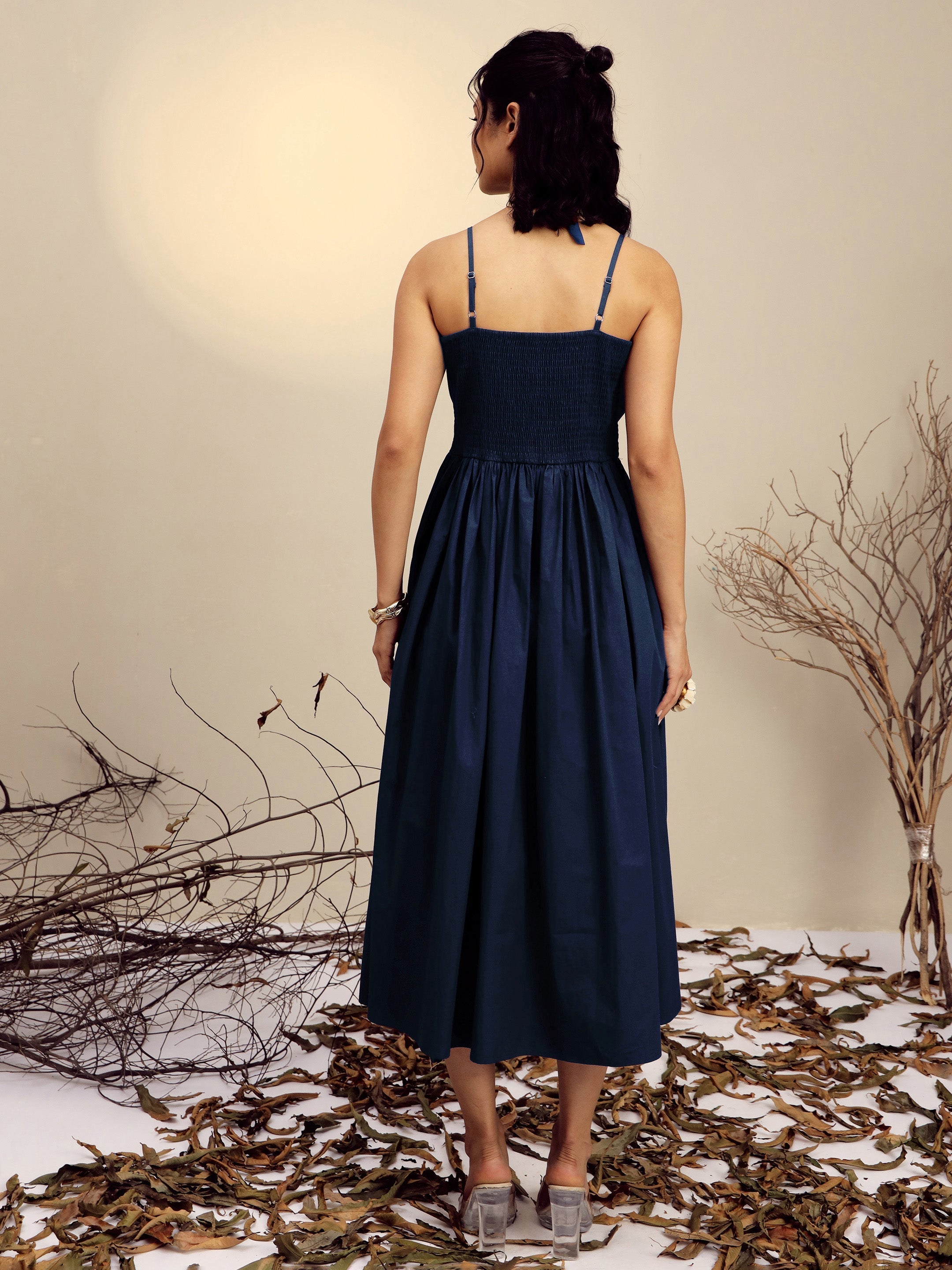 Women's Navy Poplin Front Bow Strappy Midi Dress