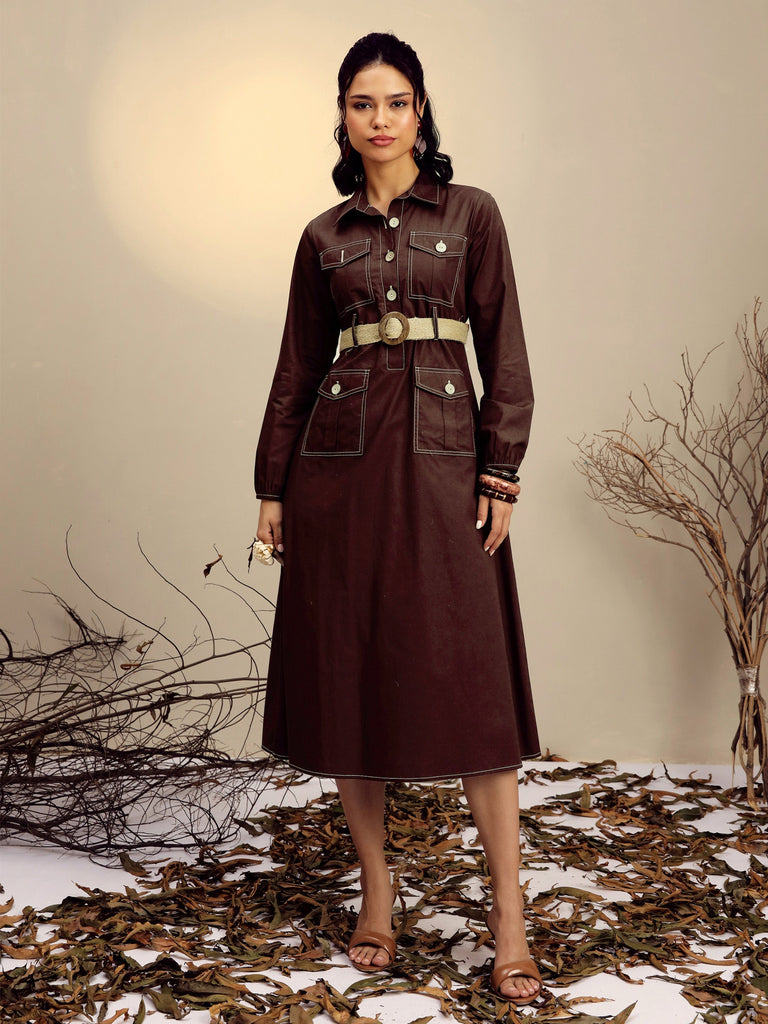 Women's Brown Poplin Front Open Midi Dress