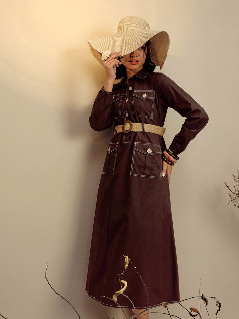Women's Brown Poplin Front Open Midi Dress