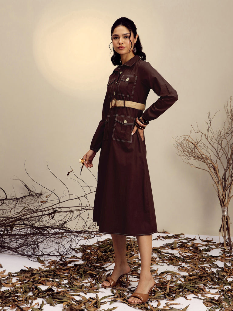 Women's Brown Poplin Front Open Midi Dress