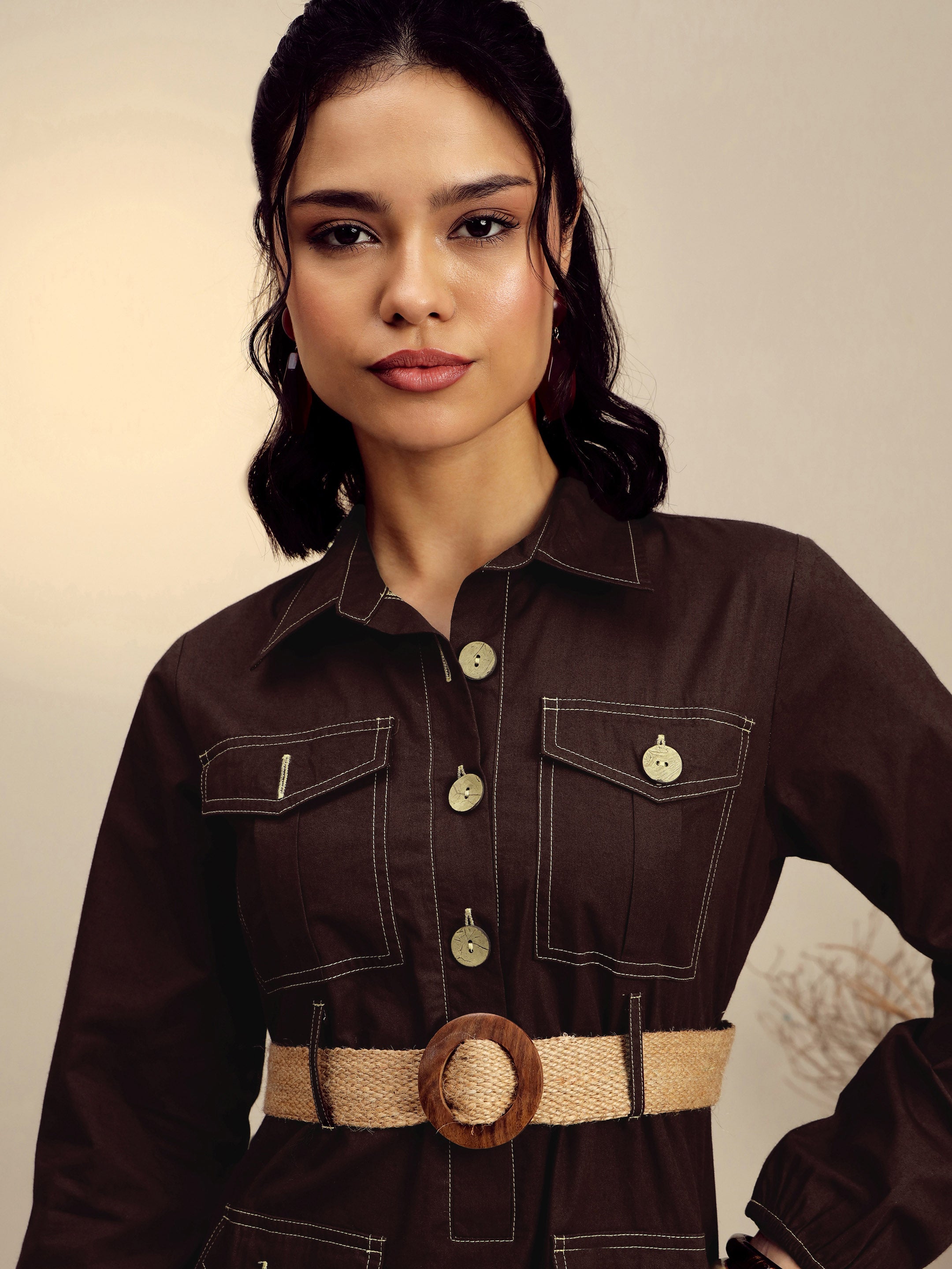 Women's Brown Poplin Front Open Midi Dress