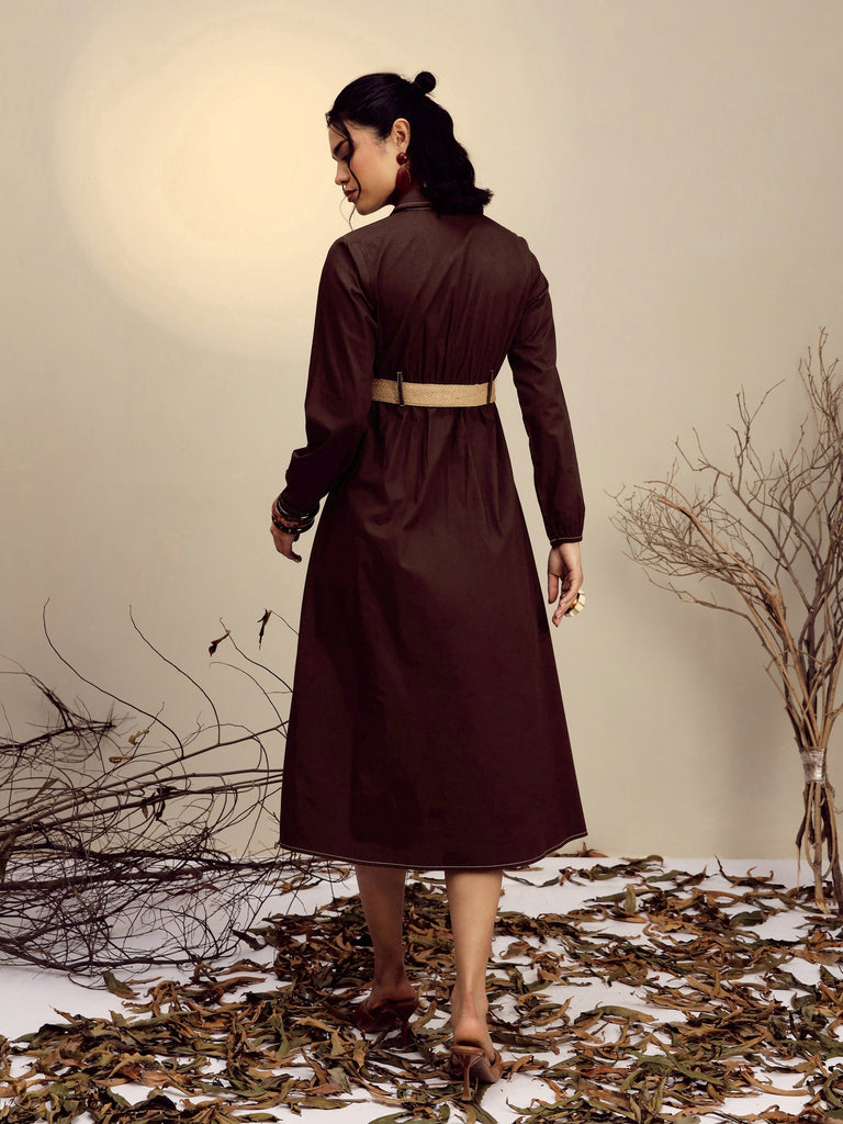 Women's Brown Poplin Front Open Midi Dress