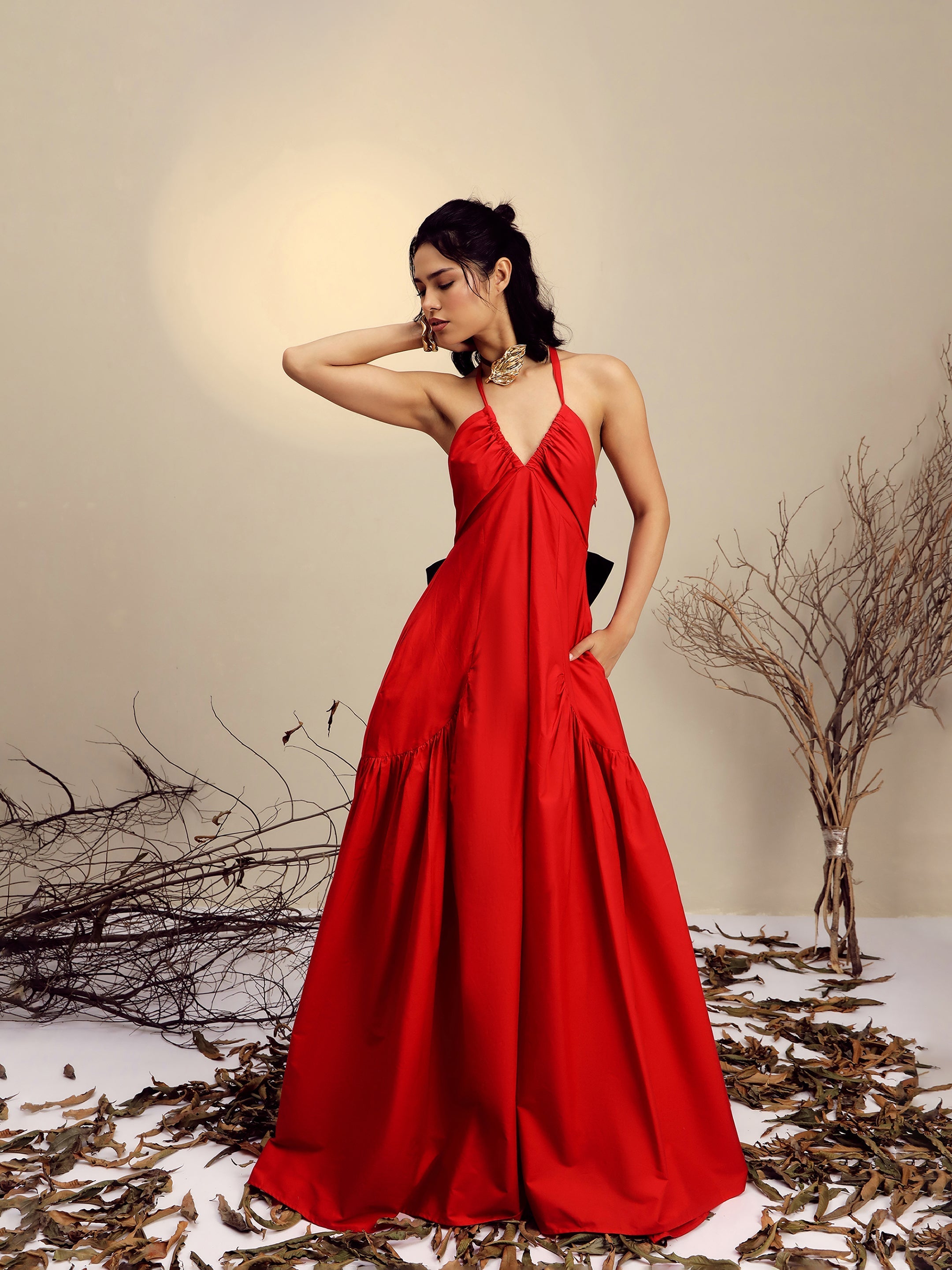 Women's Red Poplin Back Bow Strappy Maxi Dress