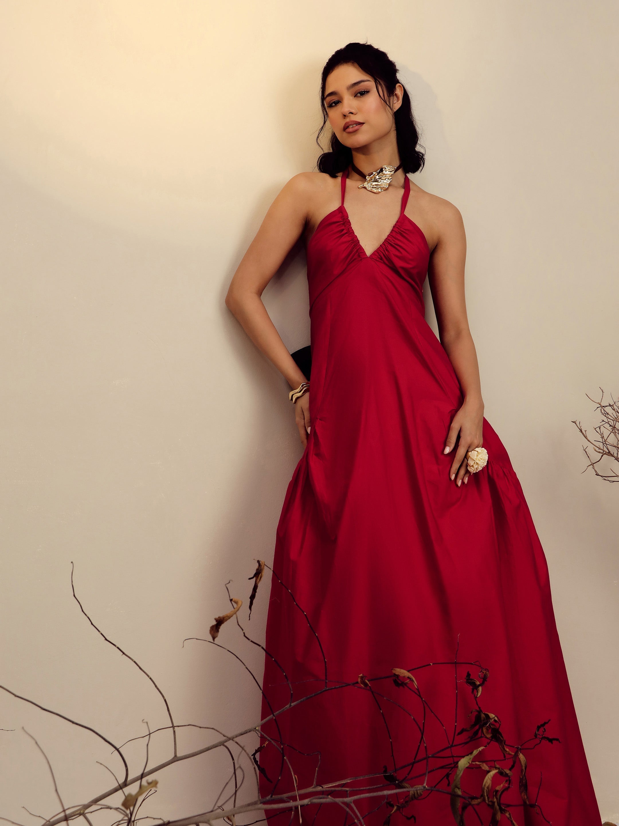 Women's Red Poplin Back Bow Strappy Maxi Dress
