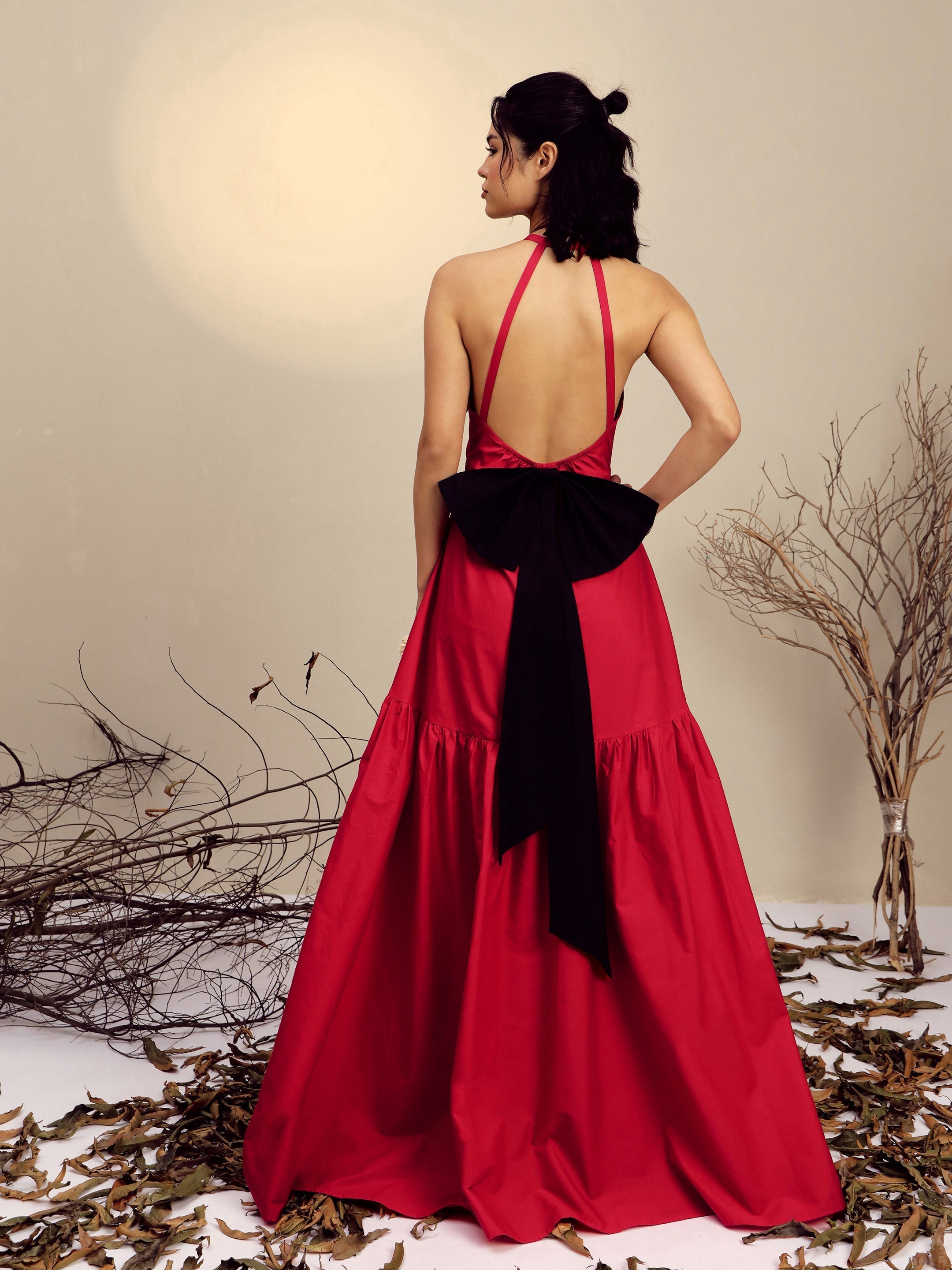 Women's Red Poplin Back Bow Strappy Maxi Dress