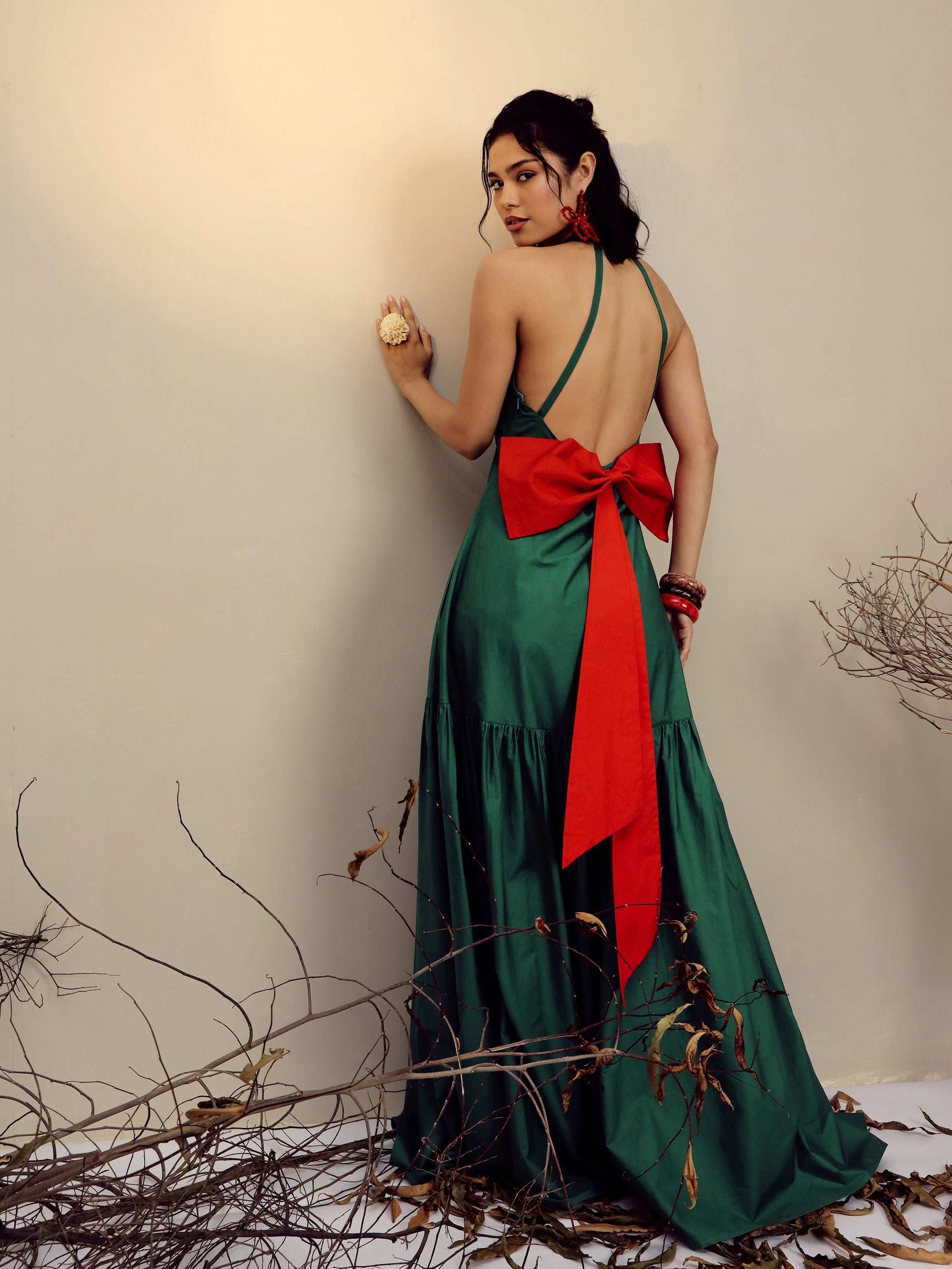 Women's Green Poplin Back Bow Strappy Maxi Dress