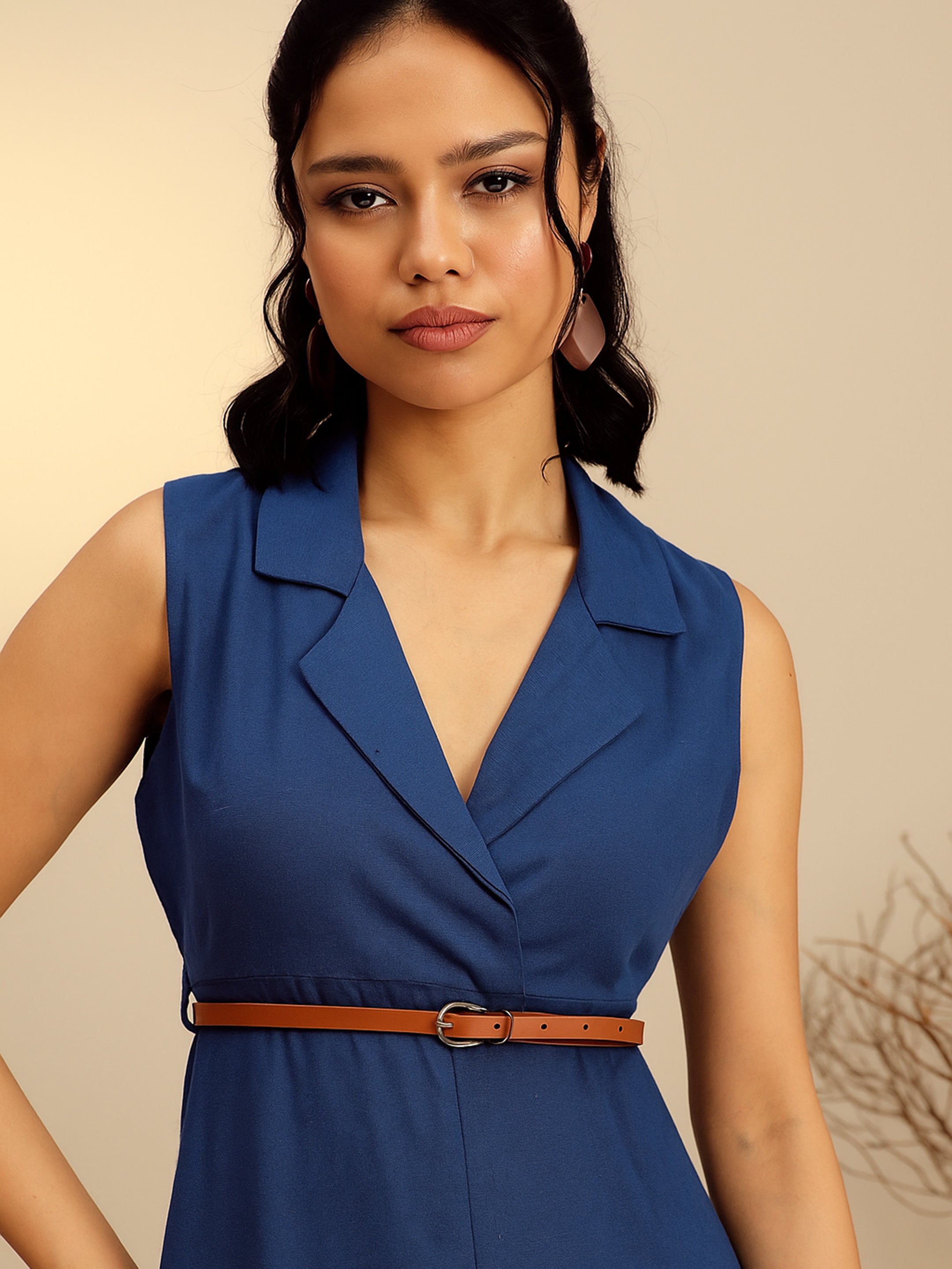 Women's Navy Notch Collar Front Slit Midi Dress