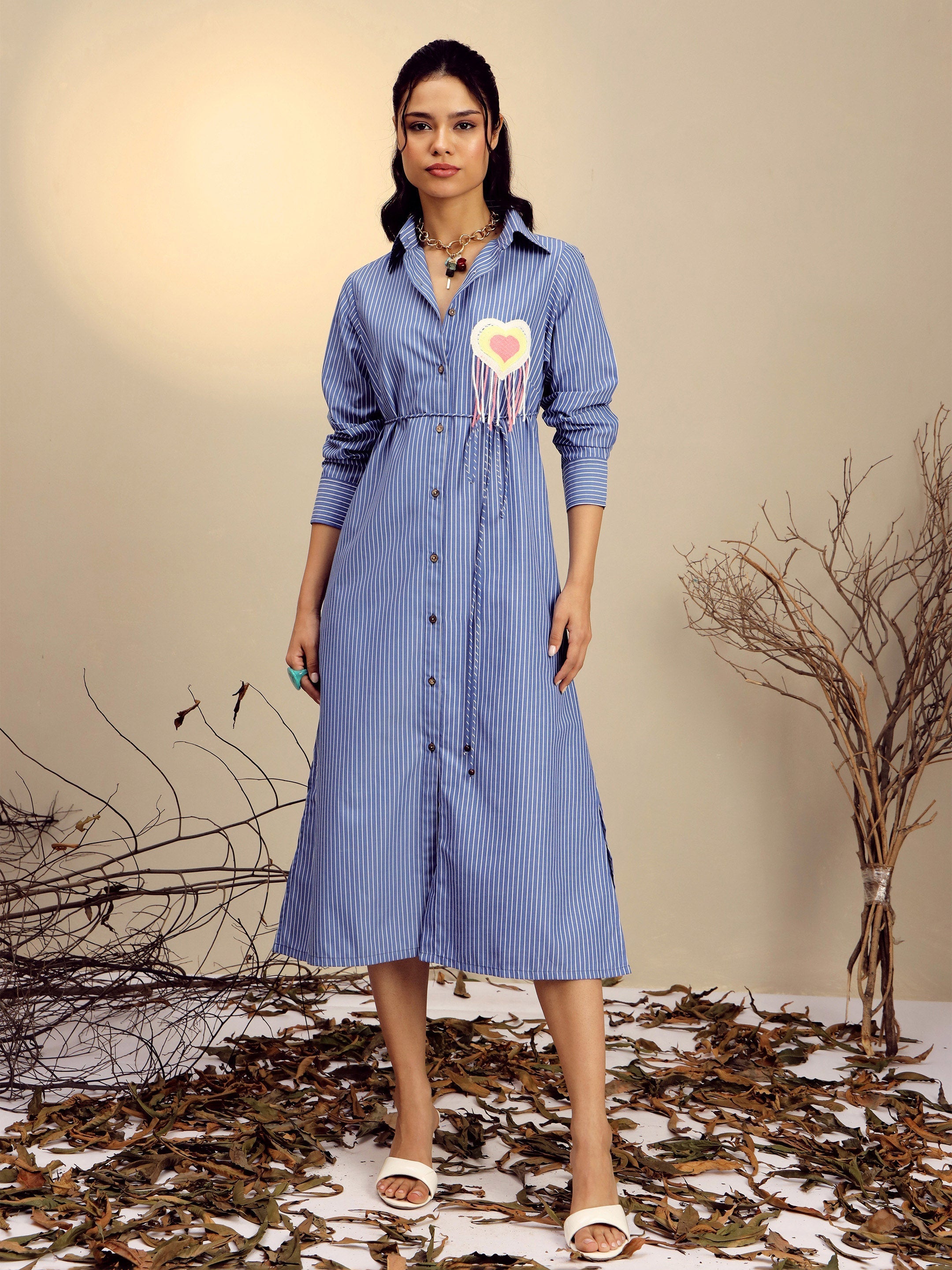 Women's Navy Blue Striped Shirt Dress