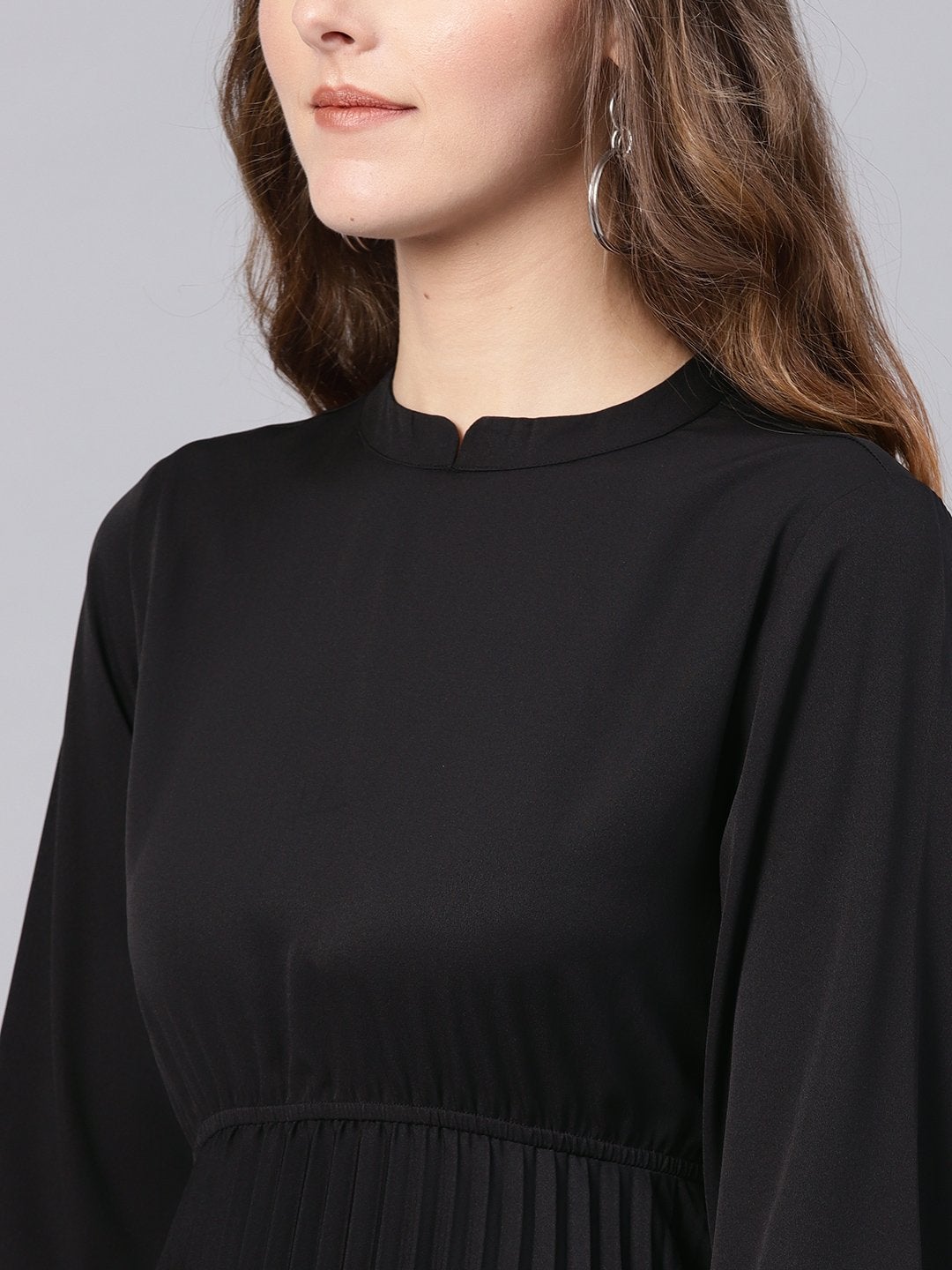 Women's Black Mandrain Collar Pleated Skater Dress