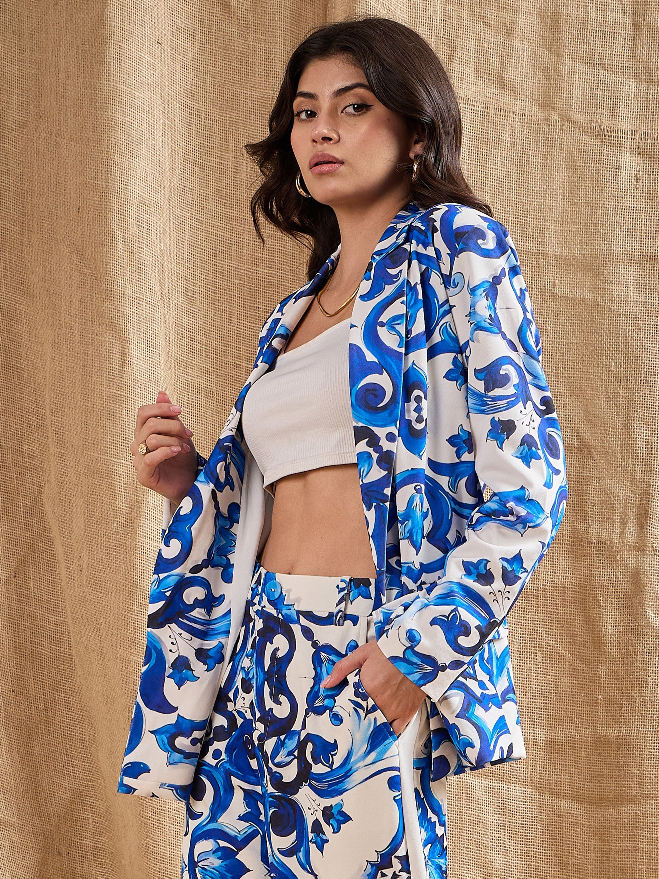 Women's Blue Printed Blazer - Sassafras