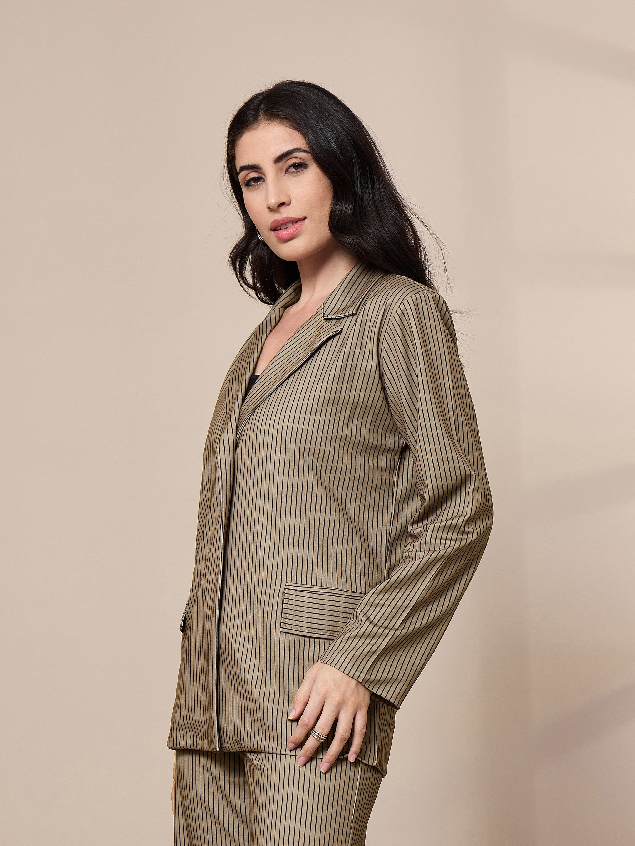 Women's Beige Striped Blazer - Sassafras