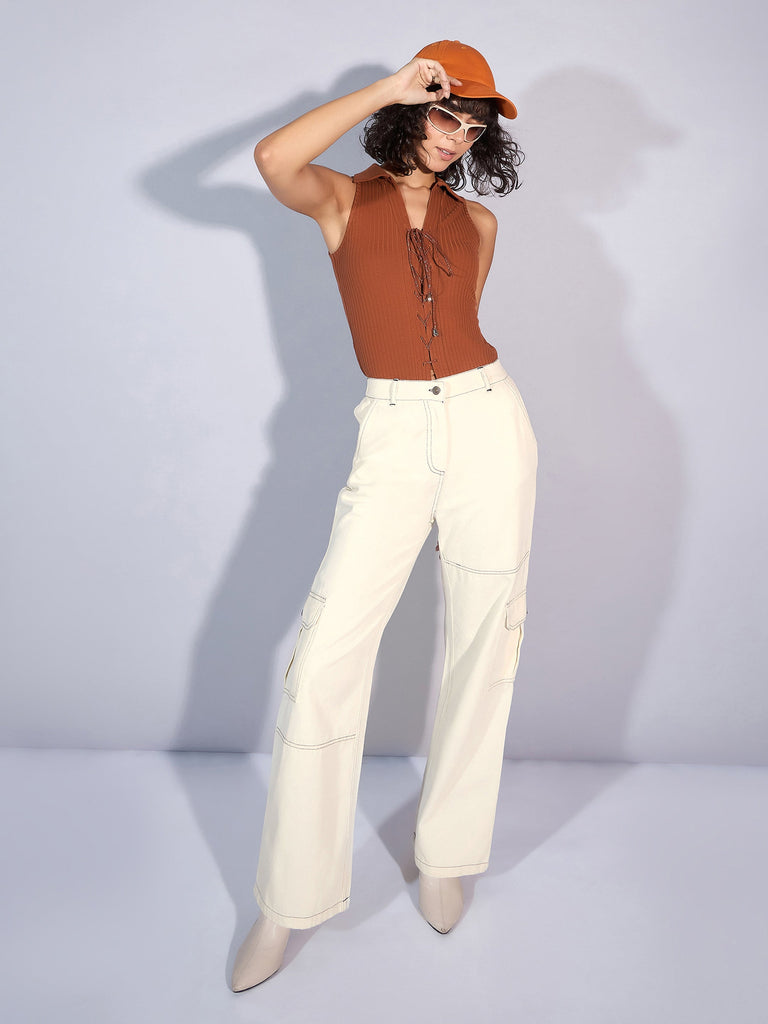 Women's White Solid Jean