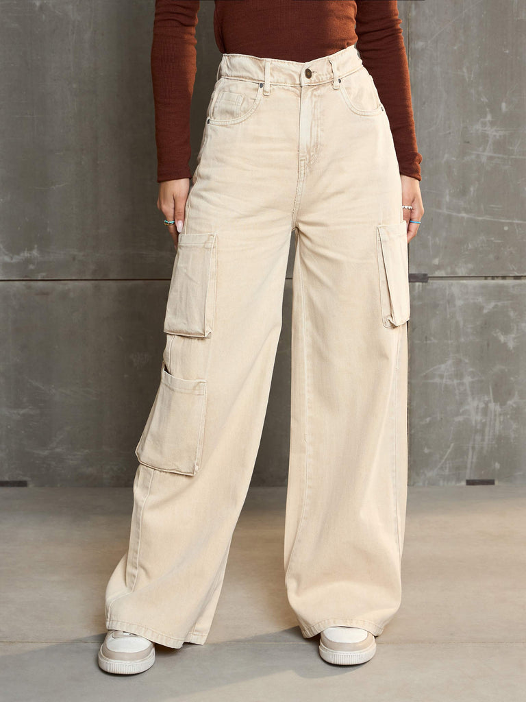 Women's Beige Box Pocket Straight Premium Jea