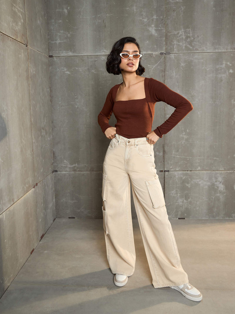 Women's Beige Box Pocket Straight Premium Jea