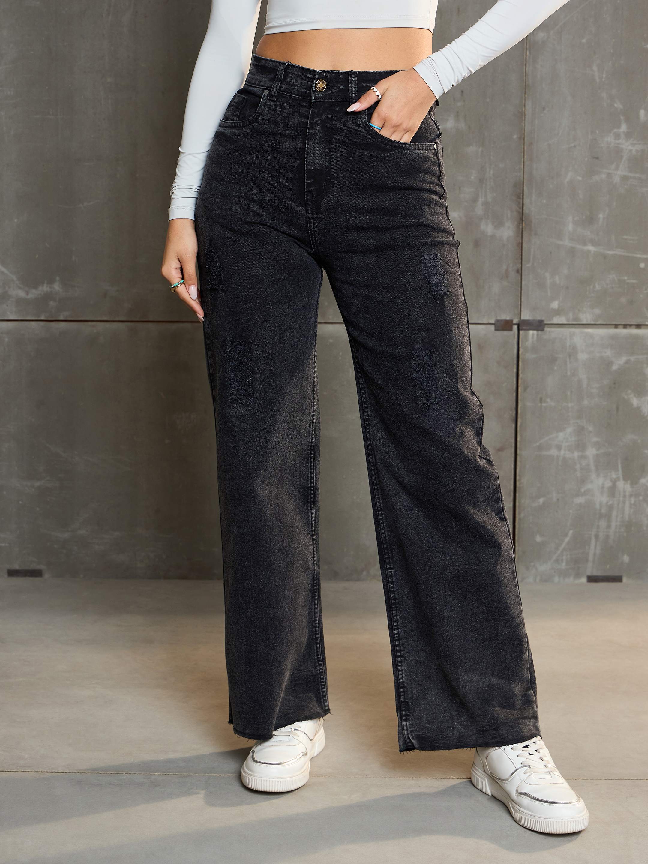 Women's Black Washed Denim Premium Front Detail Straight Jeans-SASSAFRAS